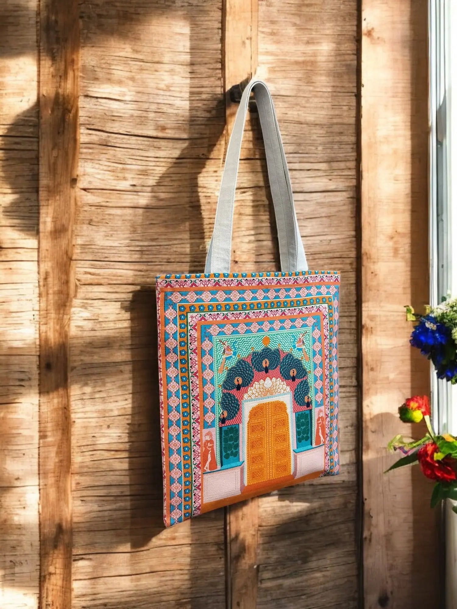 House of Omaya printed The Peacock Gate Cotton Canvas Tote Bag (Size 34x36 Cms.) House of Omaya