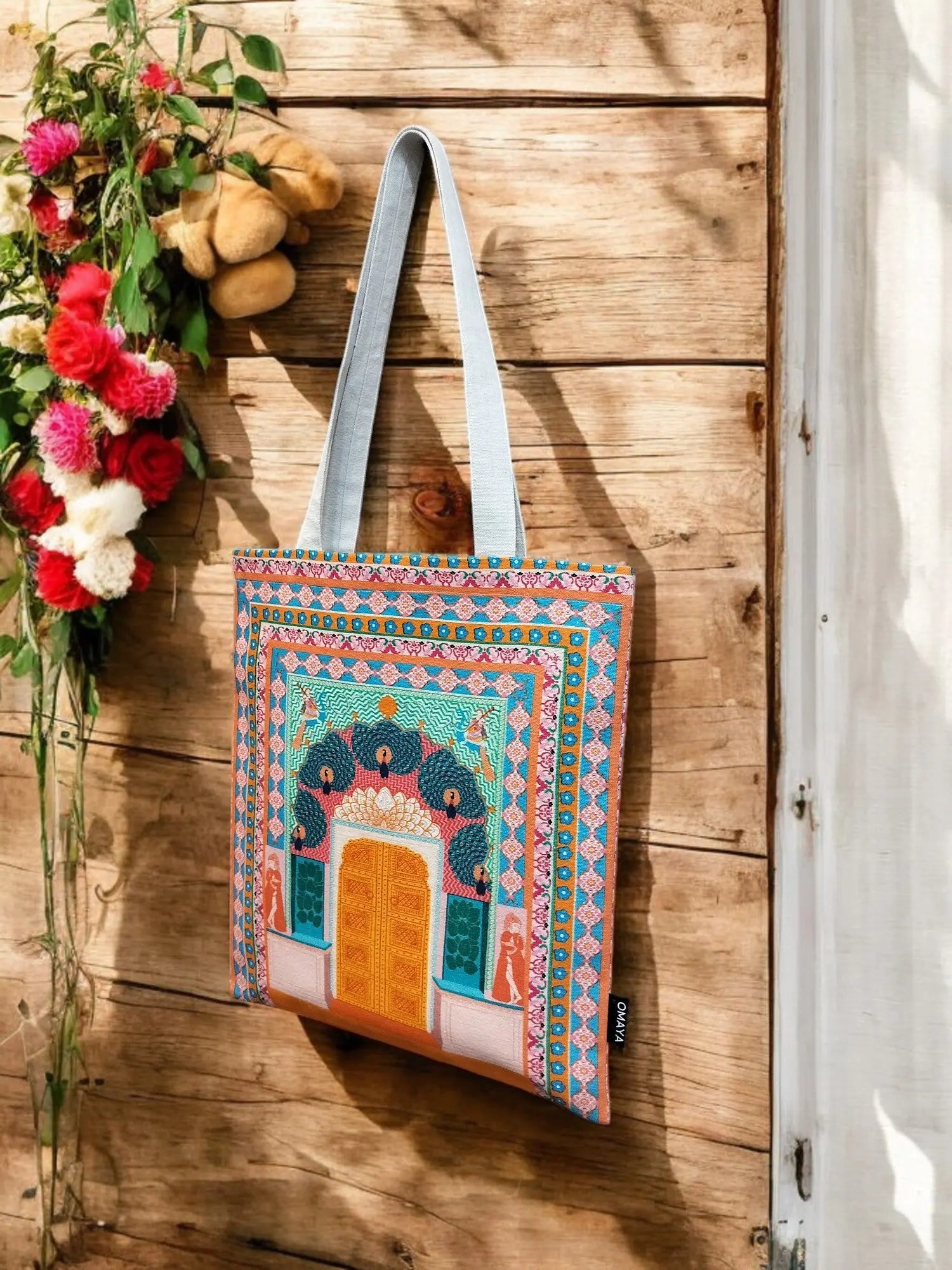 House of Omaya printed The Peacock Gate Cotton Canvas Tote Bag (Size 34x36 Cms.) House of Omaya