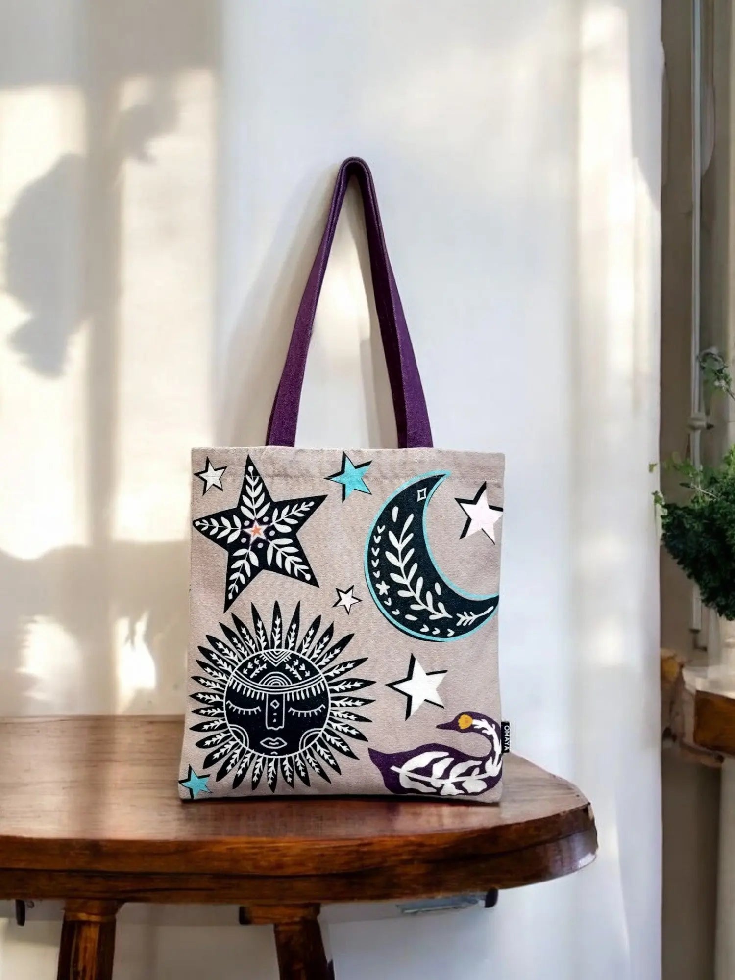 House of Omaya Printed Moon Star Canvas design Tote Bag 34X36 cm. House of Omaya