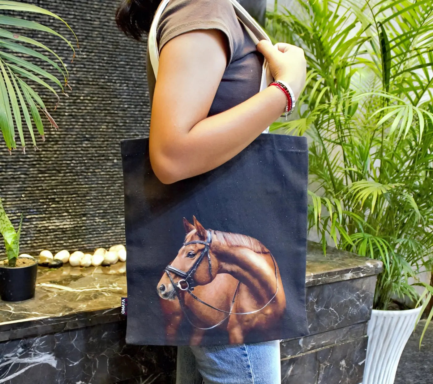 house of Omaya Horse Print Cotton Canvas Tote Bag 34×36 Cms House of Omaya