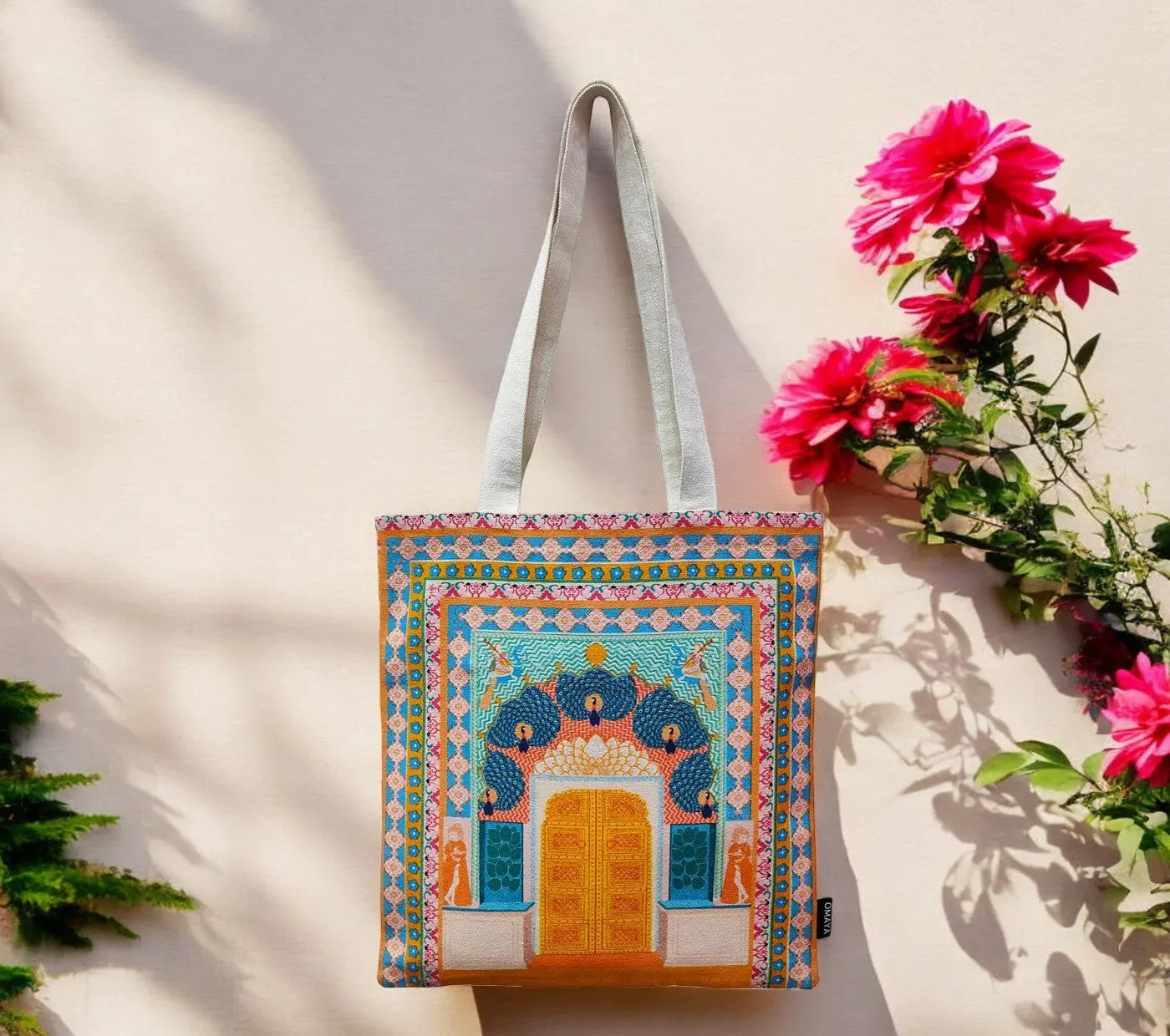 House of Omaya printed The Peacock Gate Cotton Canvas Tote Bag (Size 34x36 Cms.) House of Omaya