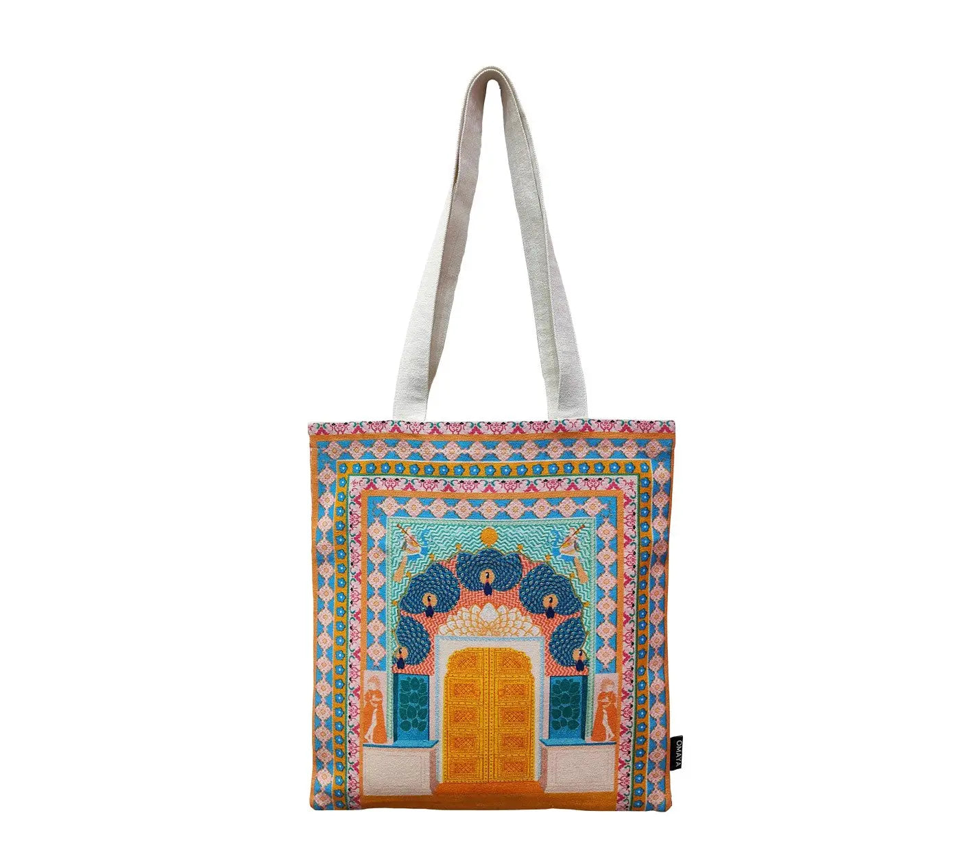 House of Omaya printed The Peacock Gate Cotton Canvas Tote Bag (Size 34x36 Cms.) House of Omaya