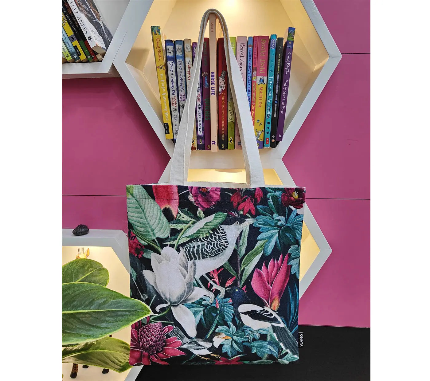 House of OmayaPrinted Floral birds Cotton Canvas Tote Bag 34×36 Cms House of Omaya