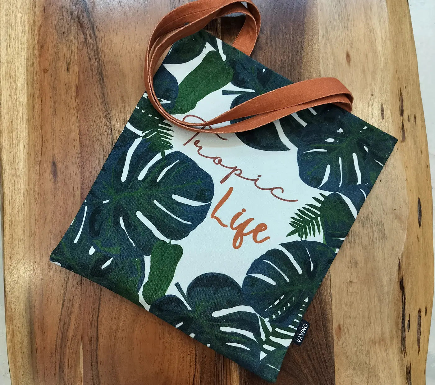 House of omaya Tropic Life Printed Canvas Tote Bag 34x36 cm. House of Omaya