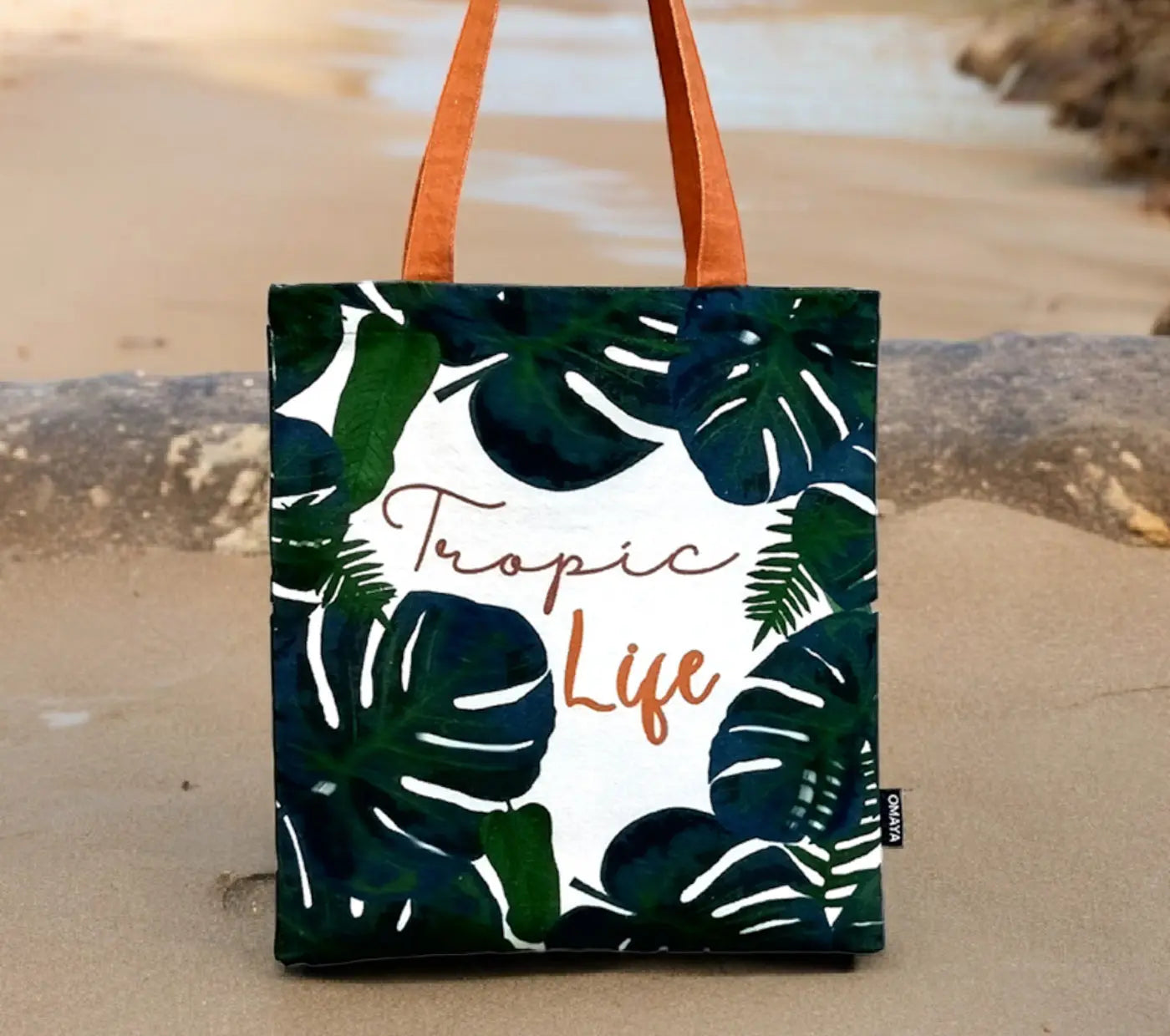 House of omaya Tropic Life Printed Canvas Tote Bag 34x36 cm. House of Omaya