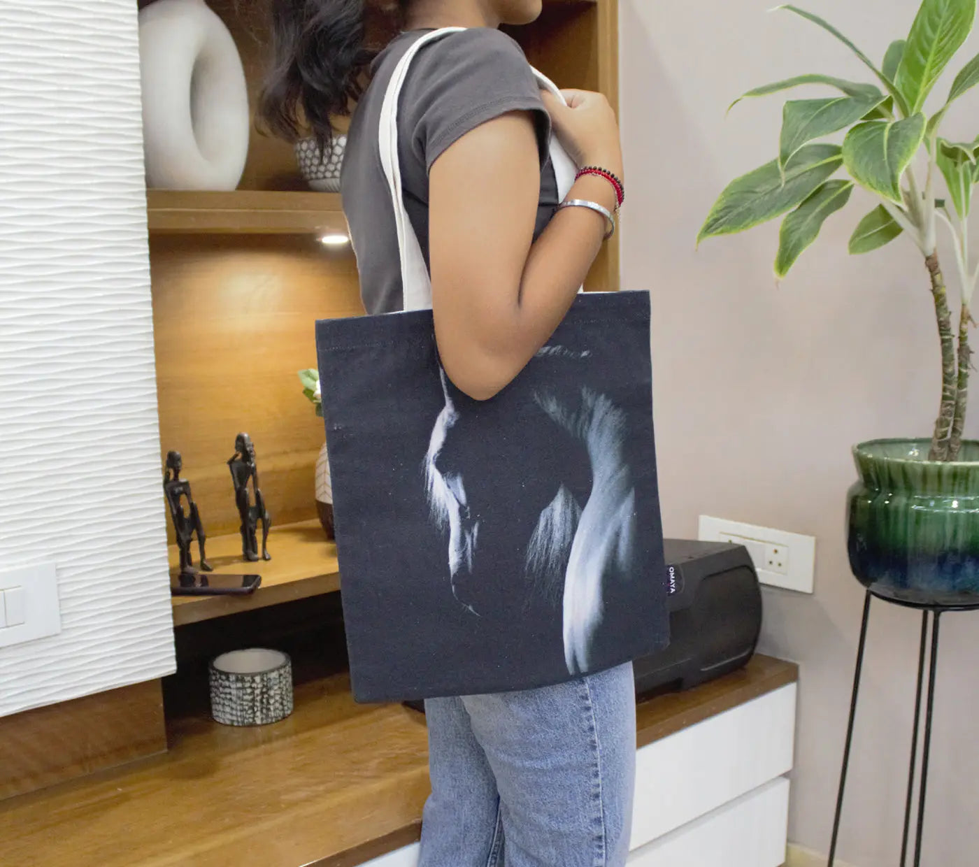 House of Omaya Black Horse Print Cotton Canvas Tote Bag 34×36 Cms House of Omaya