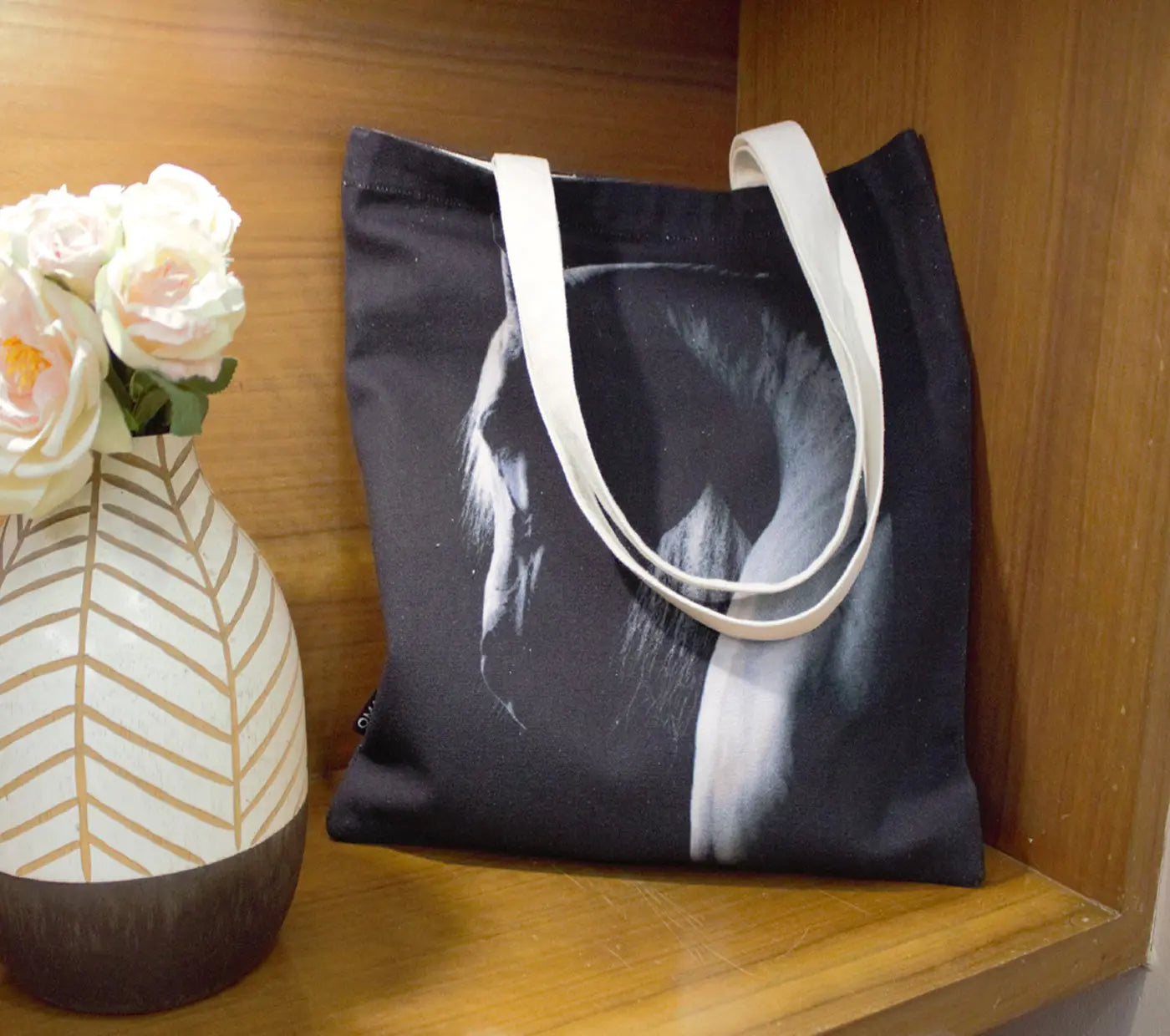 House of Omaya Black Horse Print Cotton Canvas Tote Bag 34×36 Cms House of Omaya