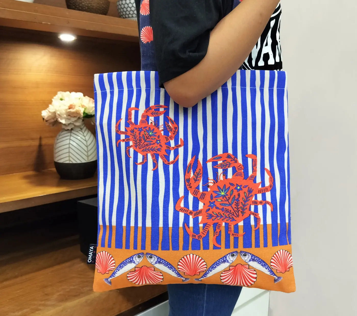House of Omaya Printed Red Crab Print Cotton Canvas Tote Bag 34×36 Cms House of Omaya