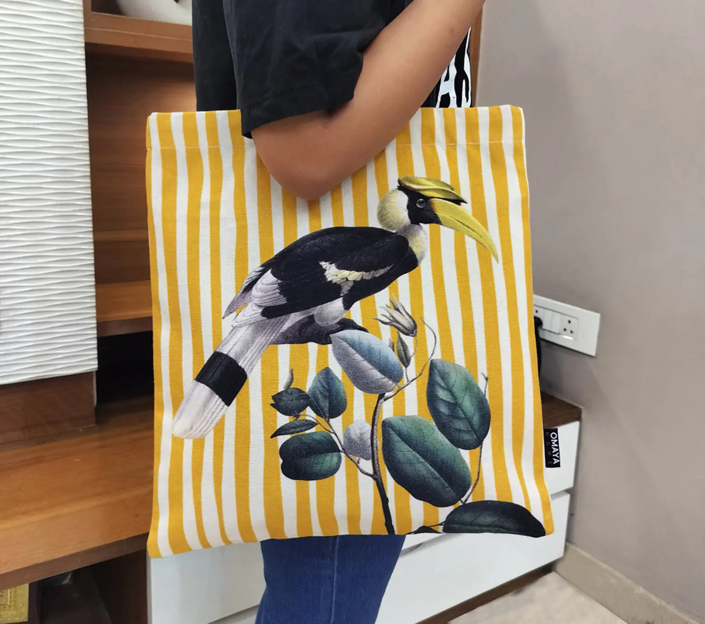 House of Omaya Printed Hornbill bird Canvas design Tote Bag 34X36 cm. House of Omaya