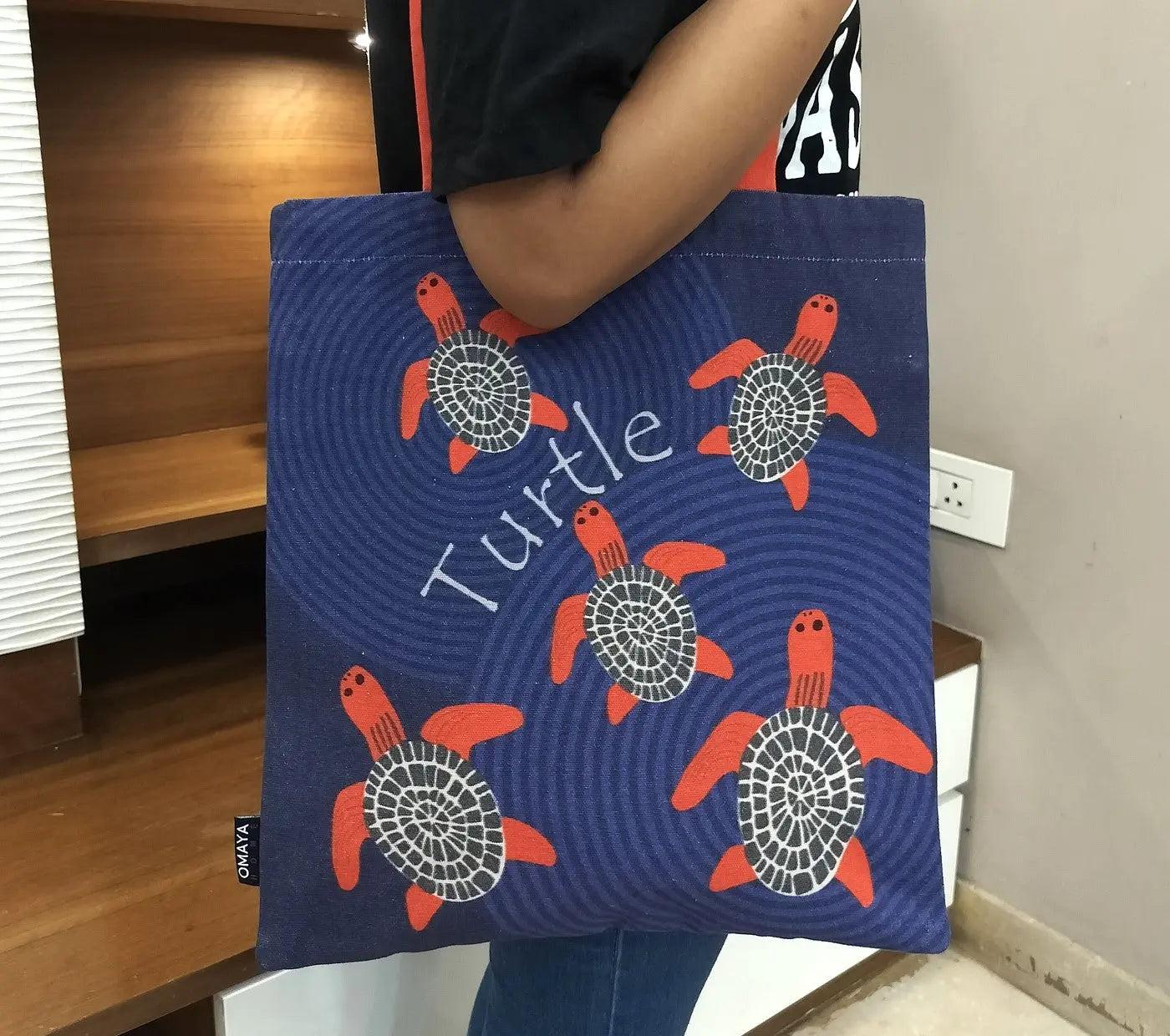 House of Omaya Printed Baby Red Turtle Cotton Canvas Tote Bag (Size 34x36 Cms.) House of Omaya