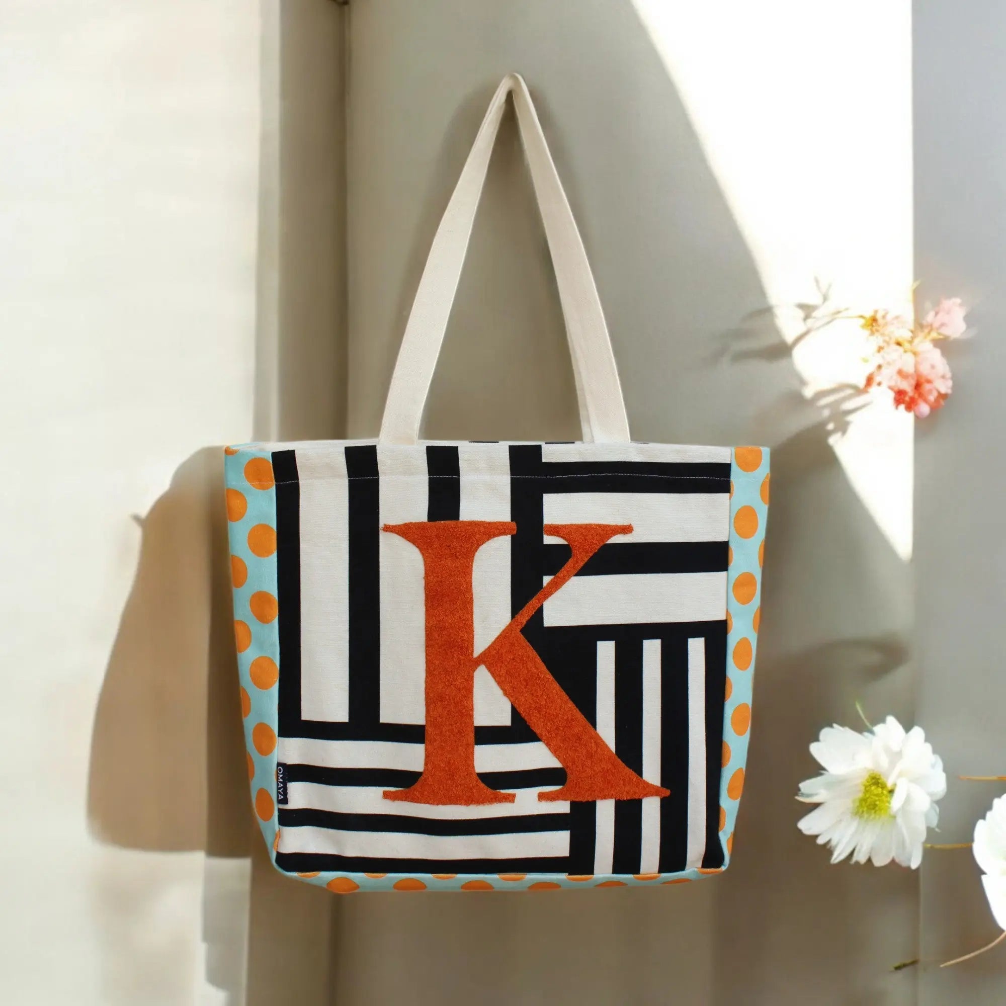 House of Omaya ( K )Alphabet Printed Customizable Embroidery Name Initial Canvas Tote bag 34x36 cm. Personalized tote bag Name Initial tote bag Product vendor