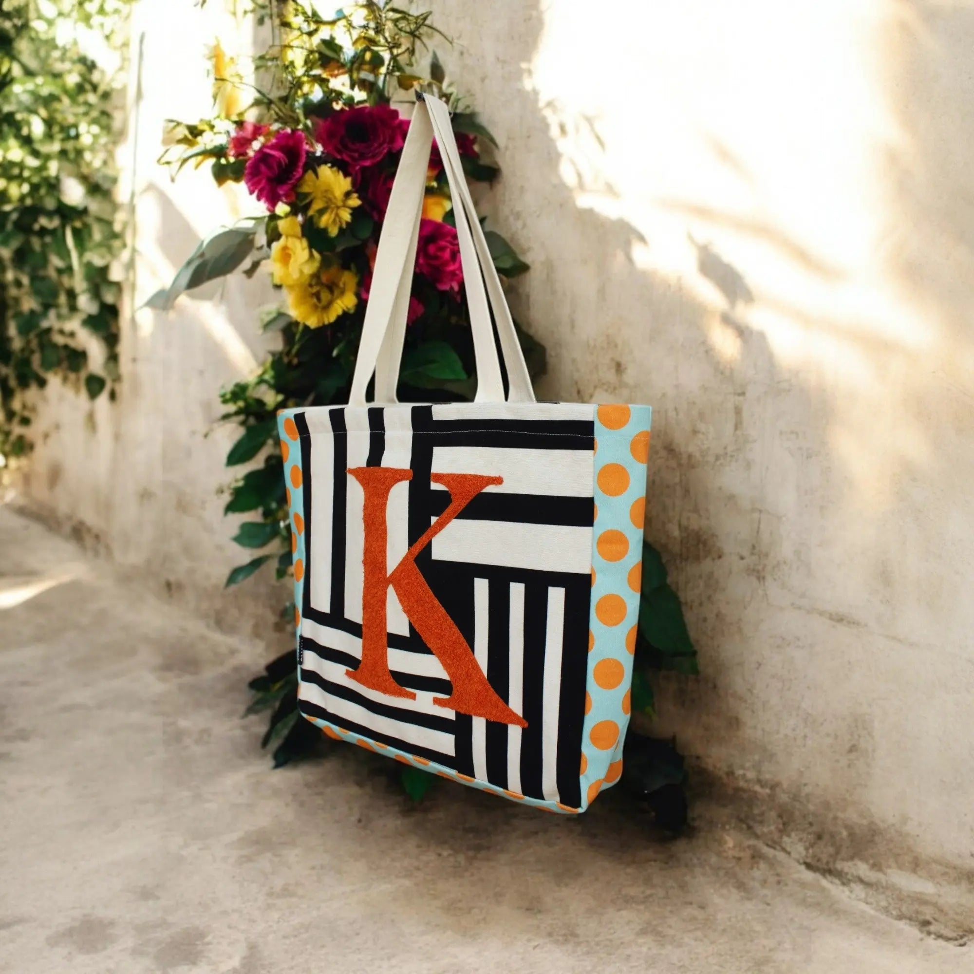 House of Omaya ( K )Alphabet Printed Customizable Embroidery Name Initial Canvas Tote bag 34x36 cm. Personalized tote bag Name Initial tote bag Product vendor