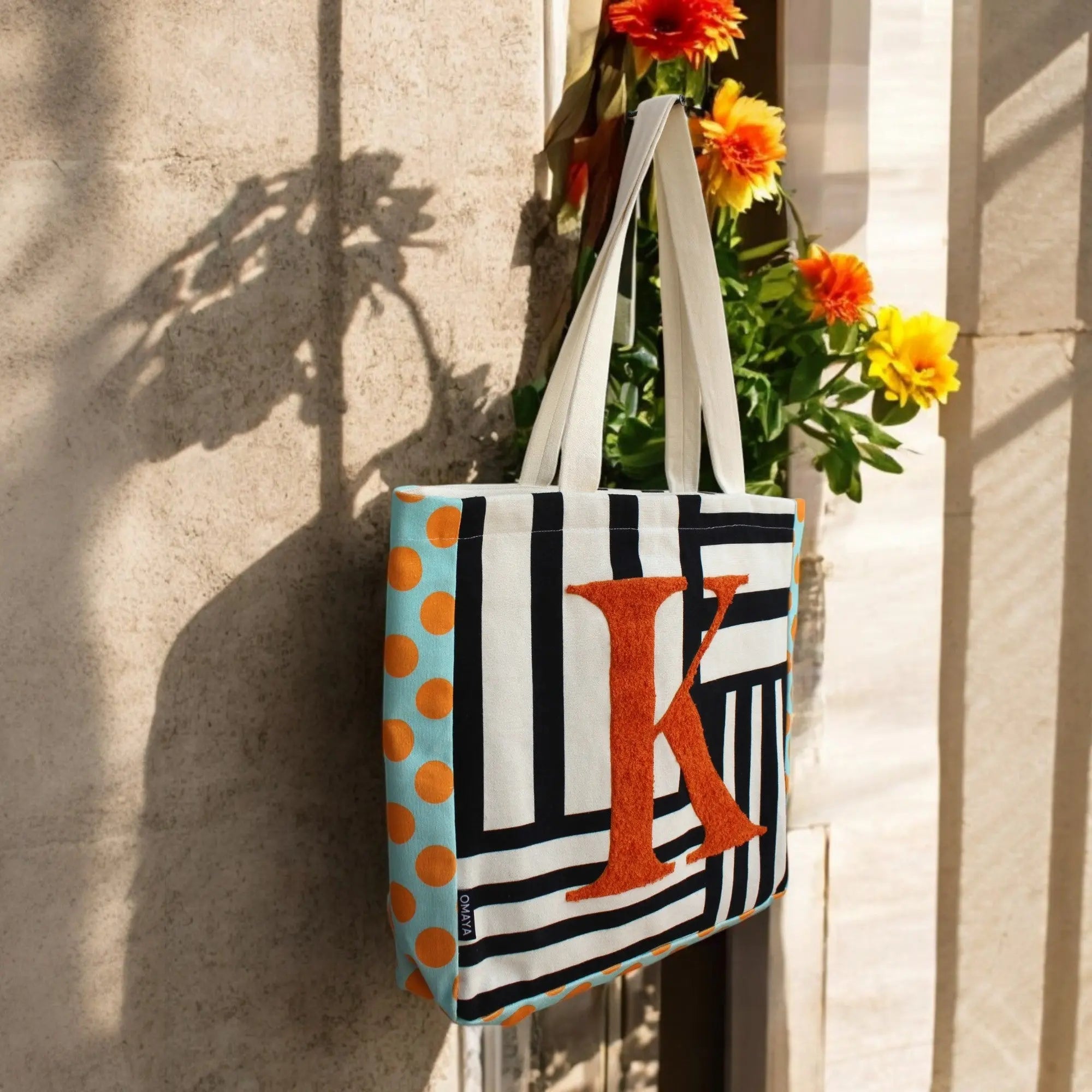 House of Omaya ( K )Alphabet Printed Customizable Embroidery Name Initial Canvas Tote bag 34x36 cm. Personalized tote bag Name Initial tote bag Product vendor