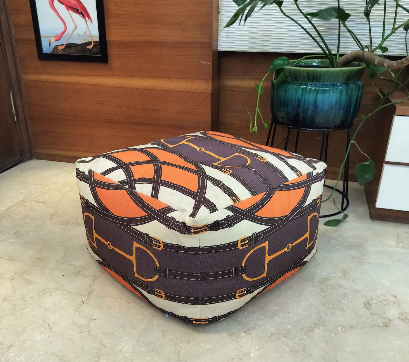 interwoven belts and buckles canvas pouffe House of Omaya