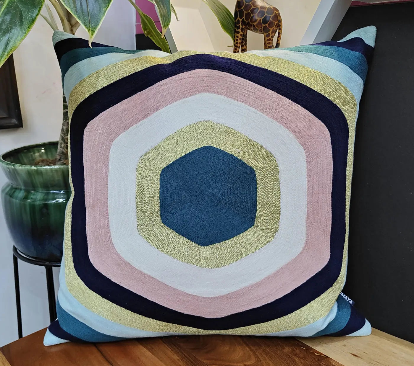 Curved Hexagon Embroidered Cushion Cover Size 50X50Cms House of Omaya