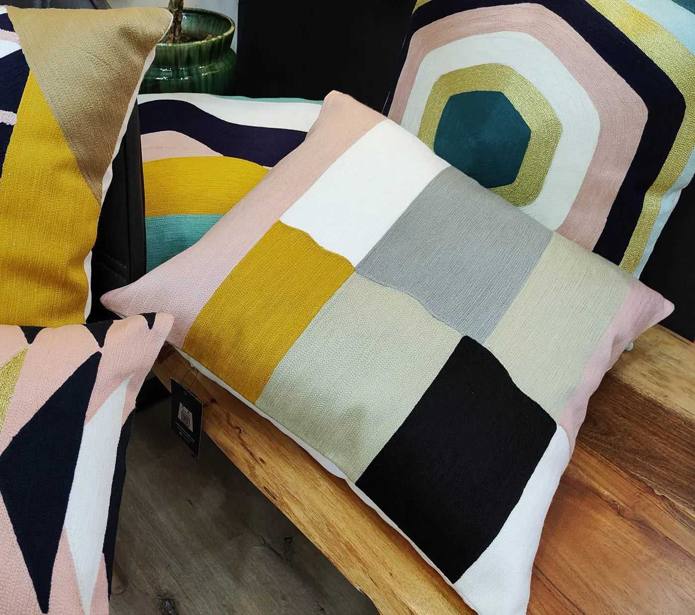 Geometrical Blocks  Embroidered Cushion Cover Size 50X50Cms