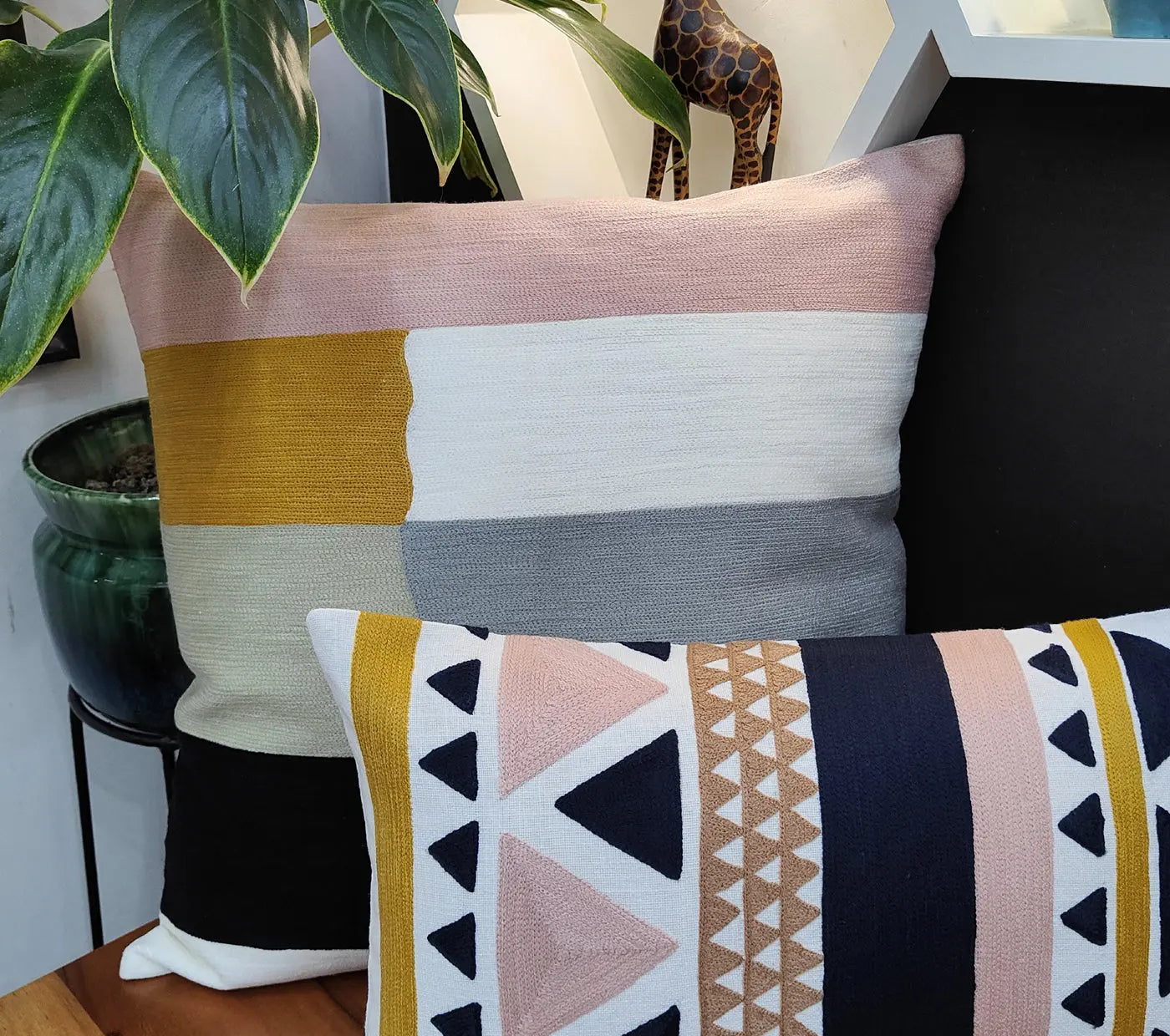 Geometrical Blocks  Embroidered Cushion Cover Size 50X50Cms House of Omaya