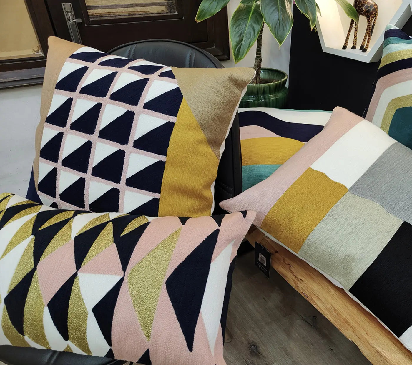 Geo Triangles Embroidered Cushion Cover Size 50X50Cms House of Omaya