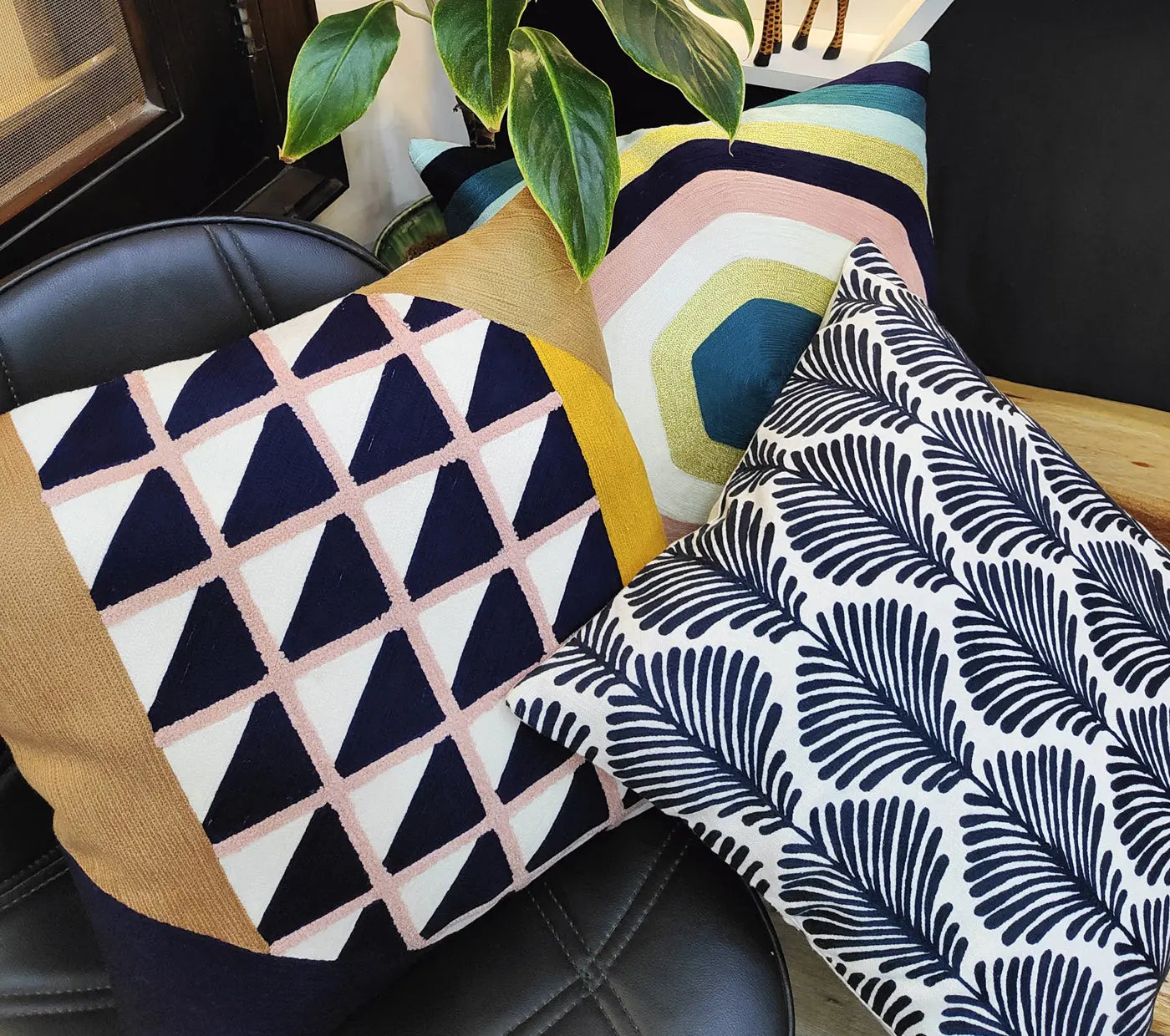 Geo Triangles Embroidered Cushion Cover Size 50X50Cms House of Omaya