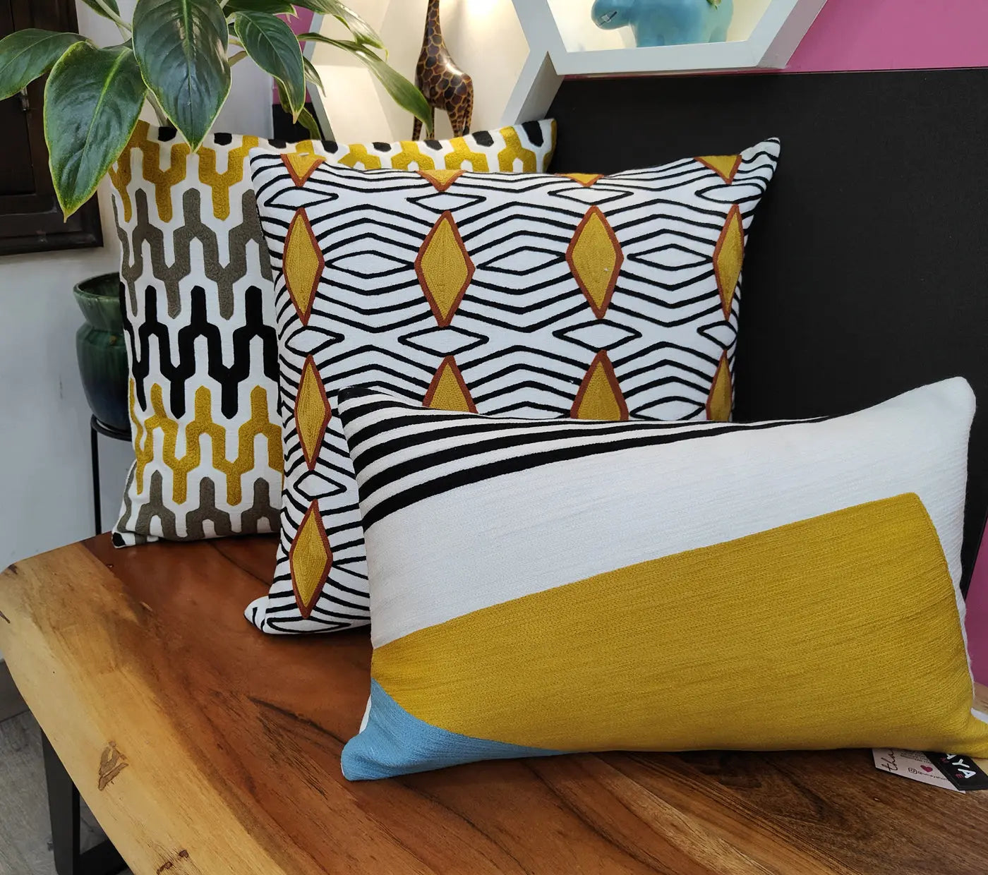 Geo Diagonal Stripes Embroidered Cushion Cover Size 30X50Cms House of Omaya