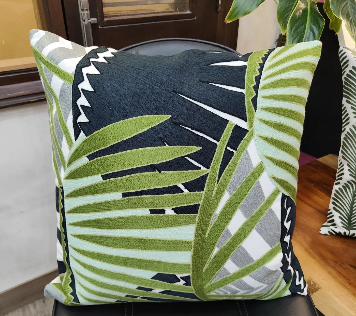 Tropical Leaves Embroidered Cushion Cover Size 50X50Cms