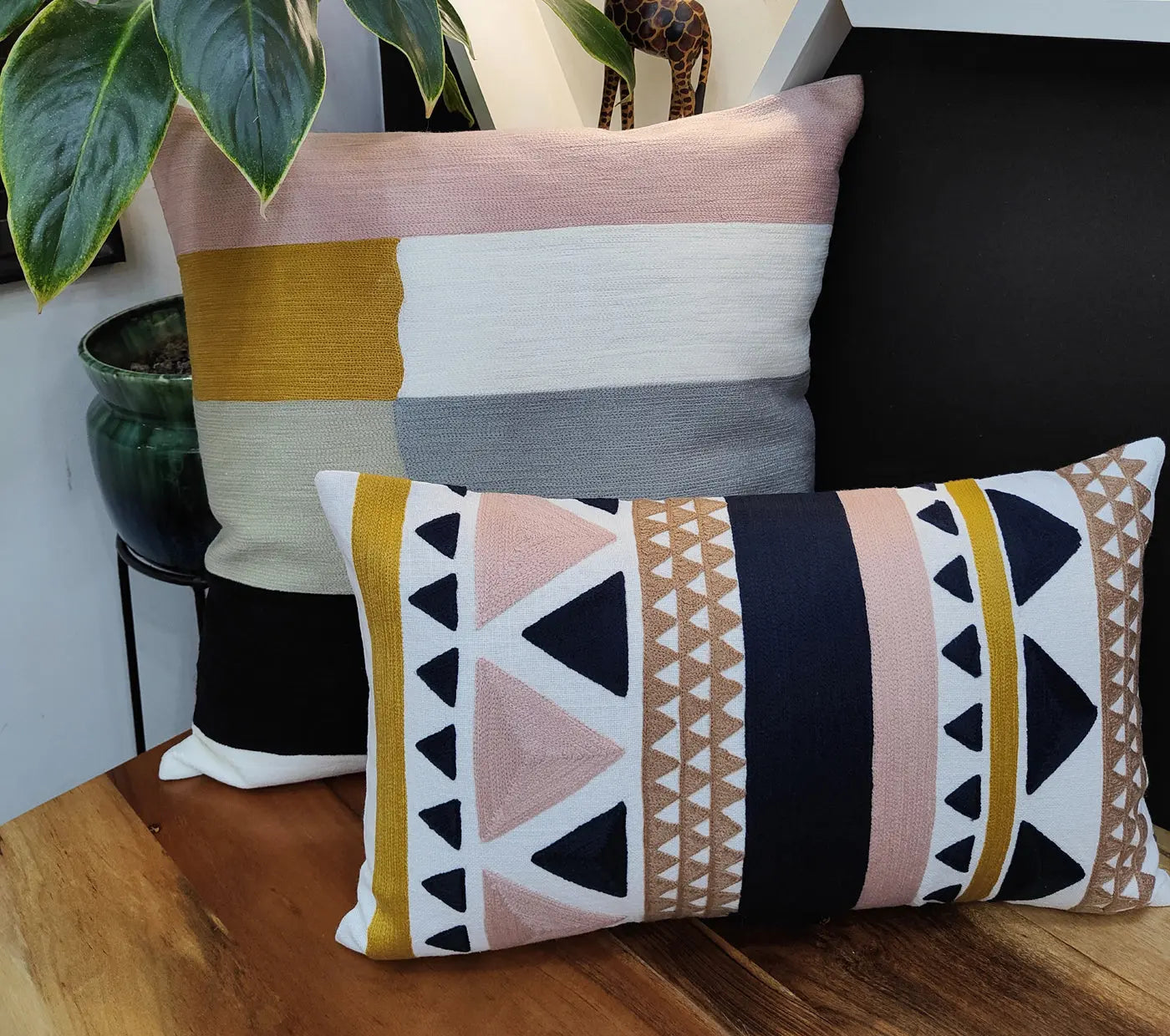 Beautiful Chainstitch embroidery in Modern Geo Floral Pattern Cushion Cover Size 30X50 House of Omaya