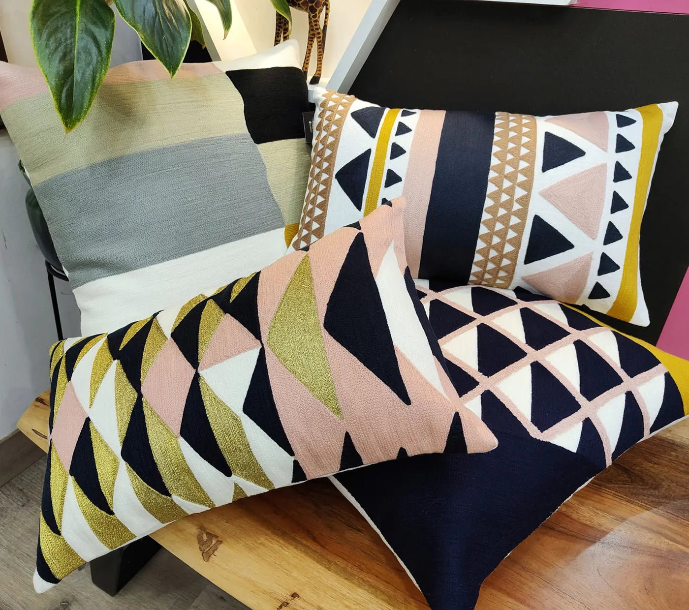 Geo triangles Enbroidered Cushion Cover Size 30X50Cms House of Omaya