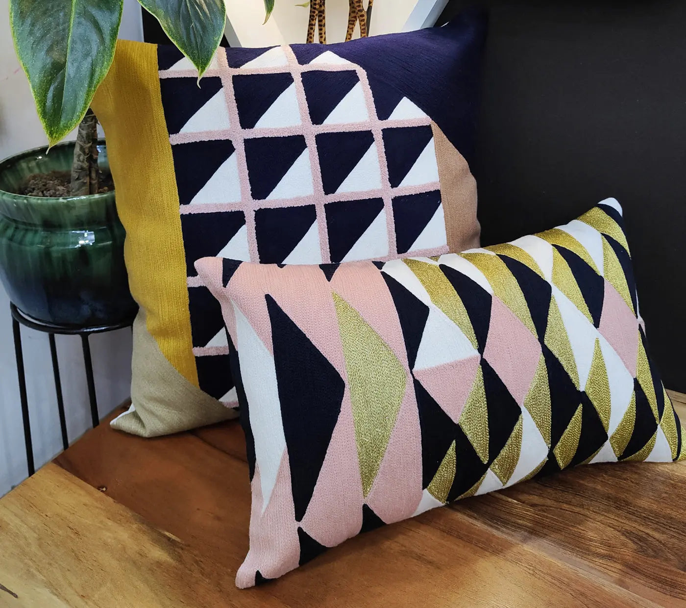 Geo triangles Enbroidered Cushion Cover Size 30X50Cms House of Omaya
