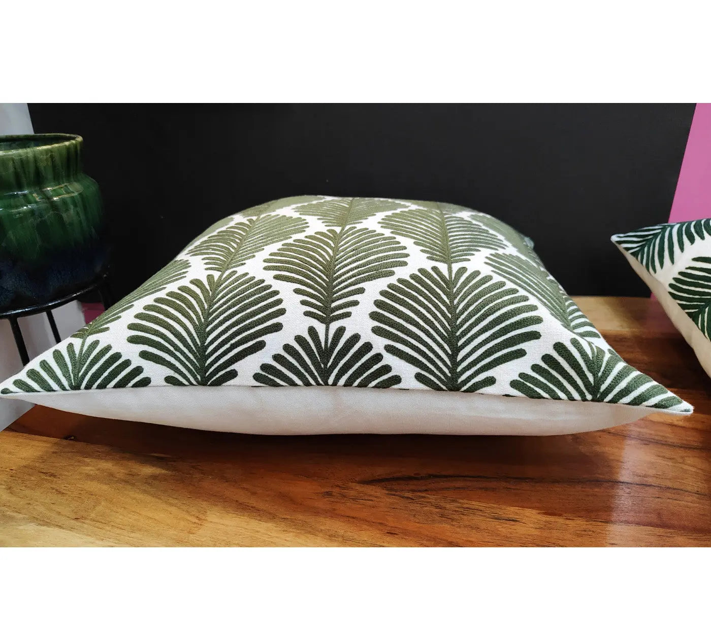 Olive Ferns Embroidered Cushion Cover Size 50X50Cms House of Omaya
