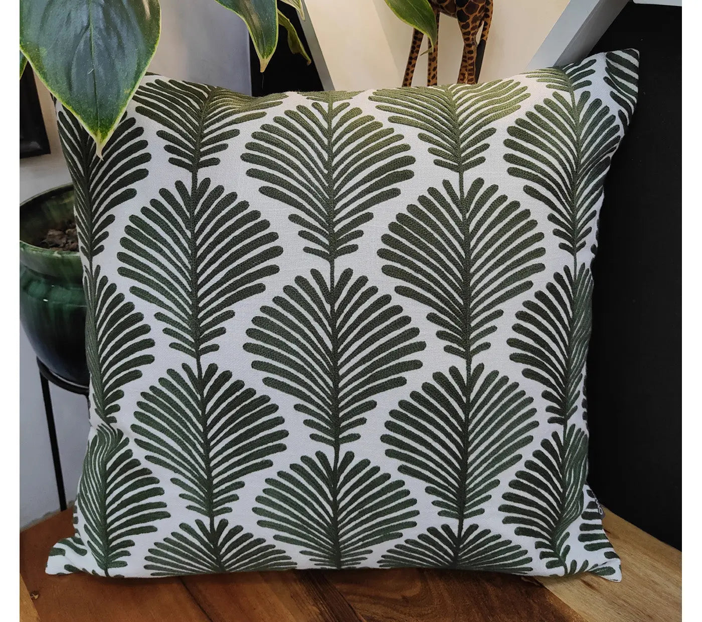 Olive Ferns Embroidered Cushion Cover Size 50X50Cms House of Omaya