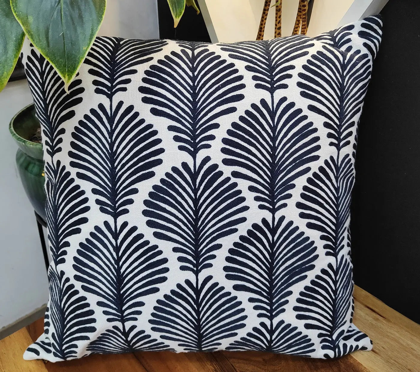 Blue Ferns Embroidered Cushion Cover Size 50X50Cms House of Omaya