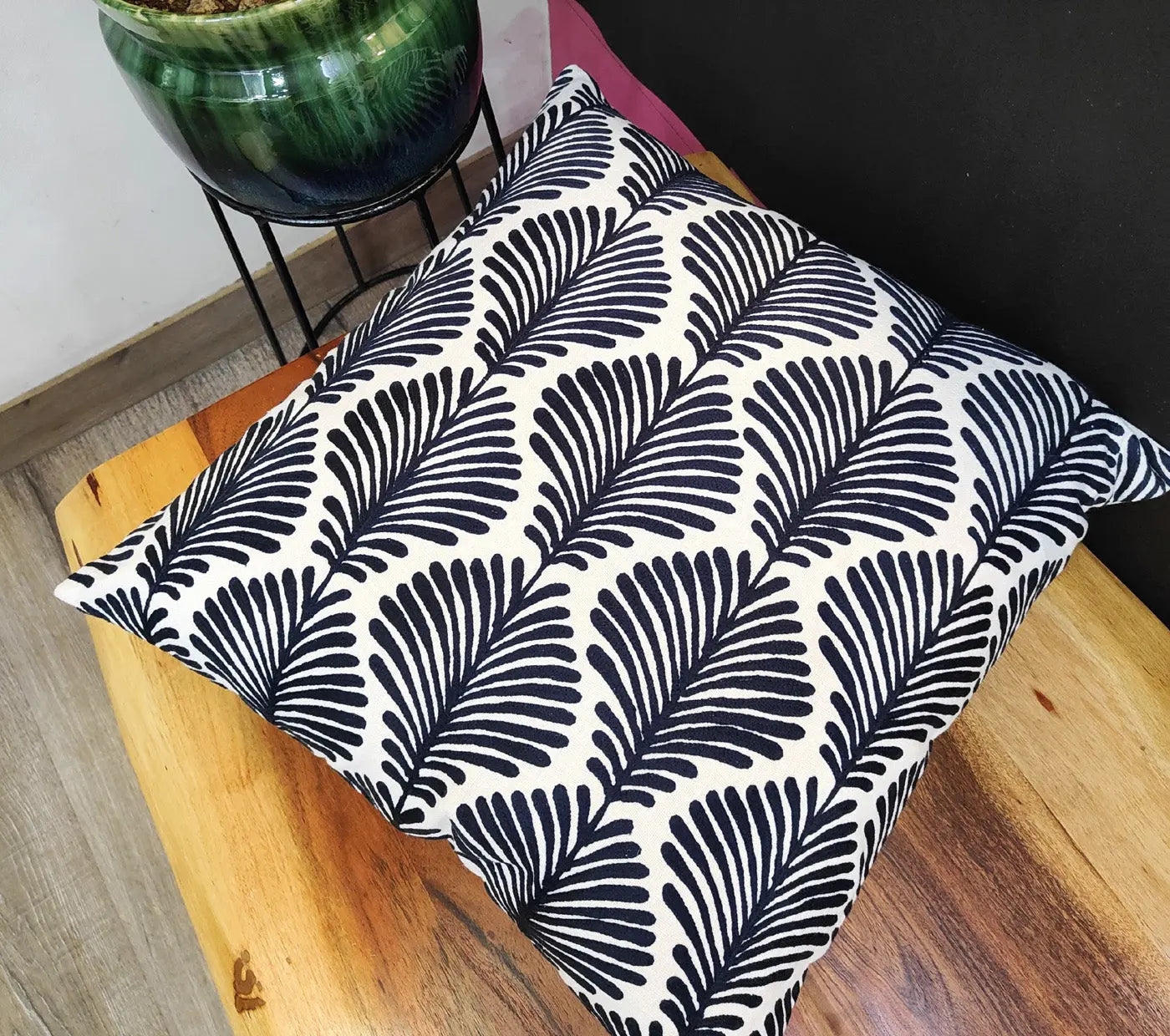 Blue Ferns Embroidered Cushion Cover Size 50X50Cms House of Omaya