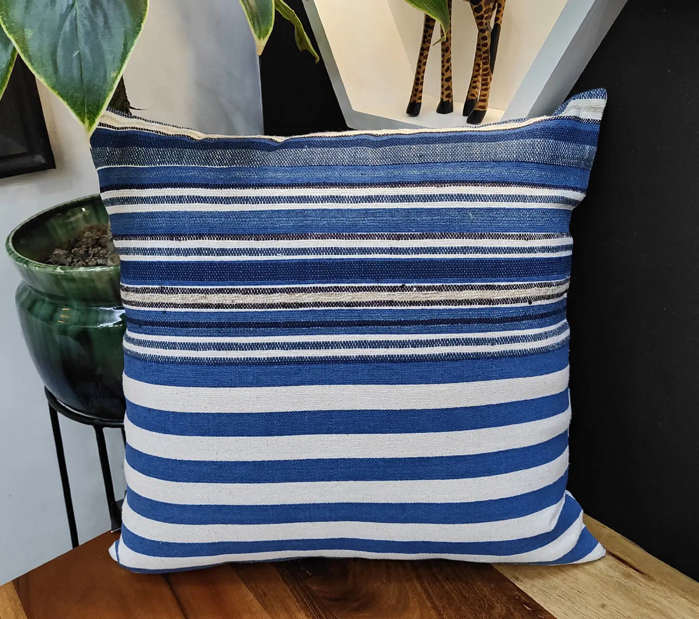 Handloom Woven Blue Striped Cushion Cover Size 45X45Cms House of Omaya