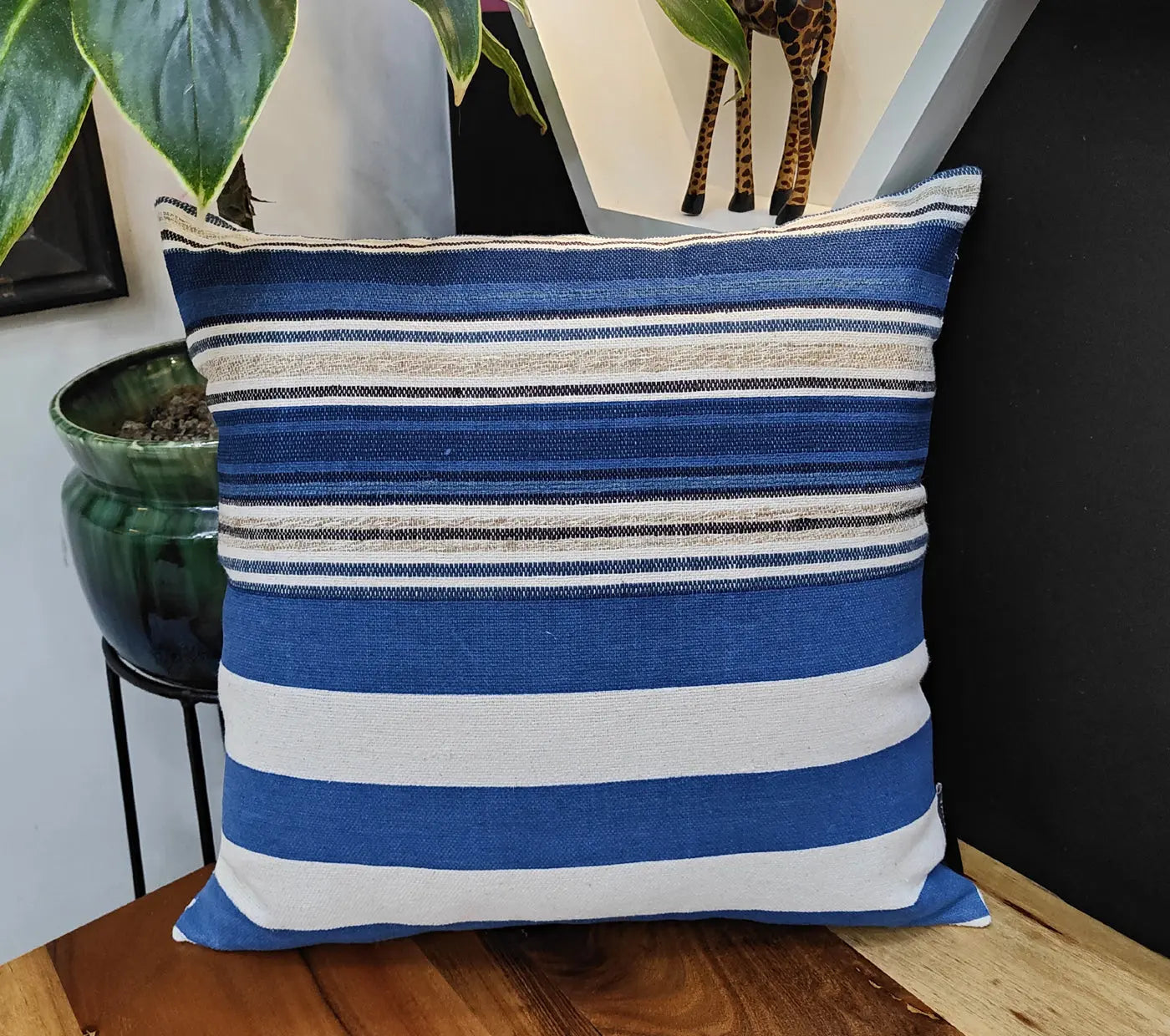 Handloom Woven Blue Striped Cushion Cover Size 45X45Cms House of Omaya