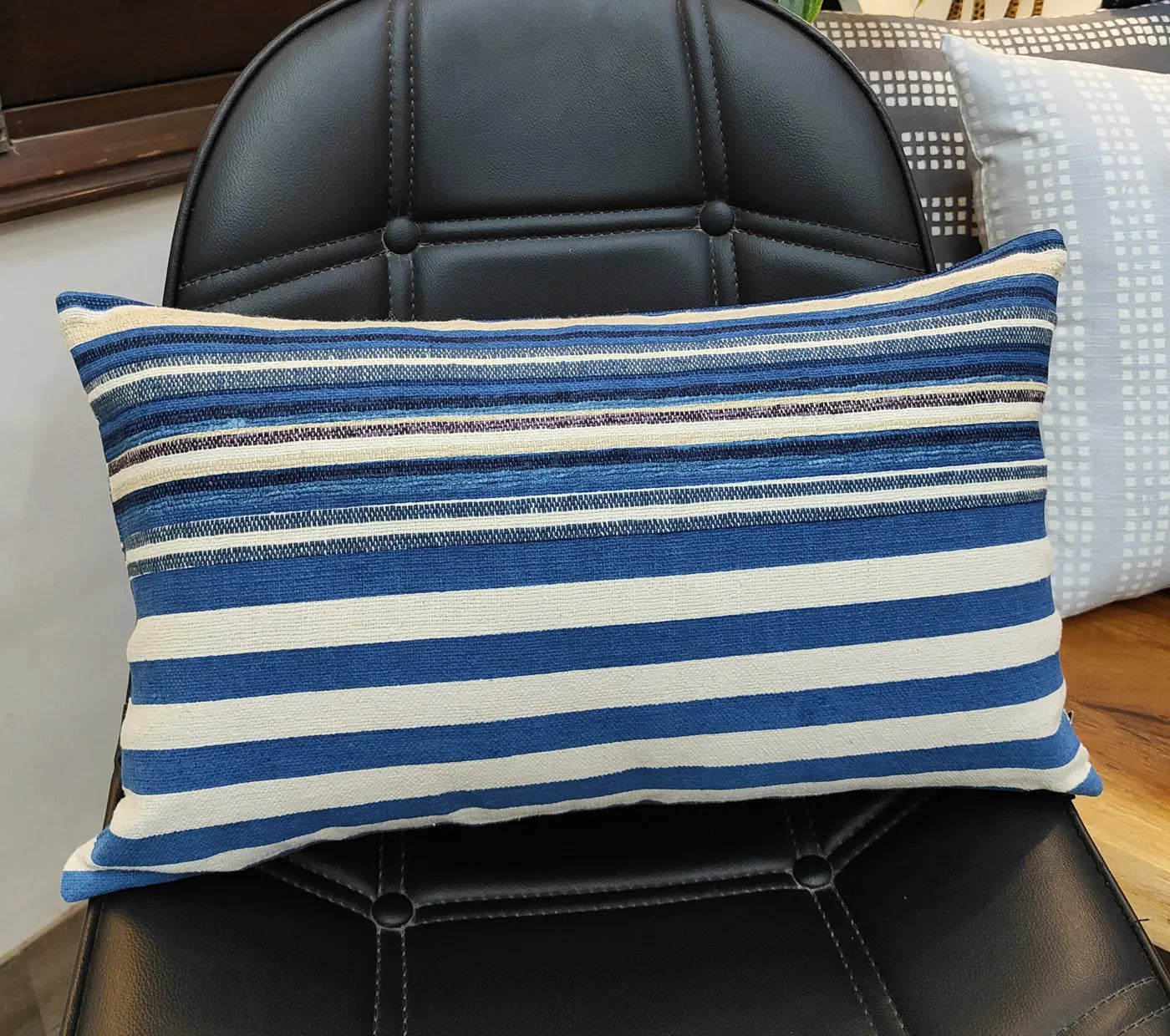 Handloom Woven Blue Striped Cushion Cover Size 30X50Cms House of Omaya