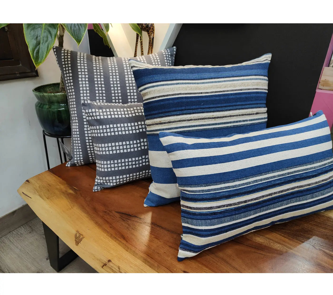 Handloom Woven Blue Striped Cushion Cover Size 30X50Cms House of Omaya