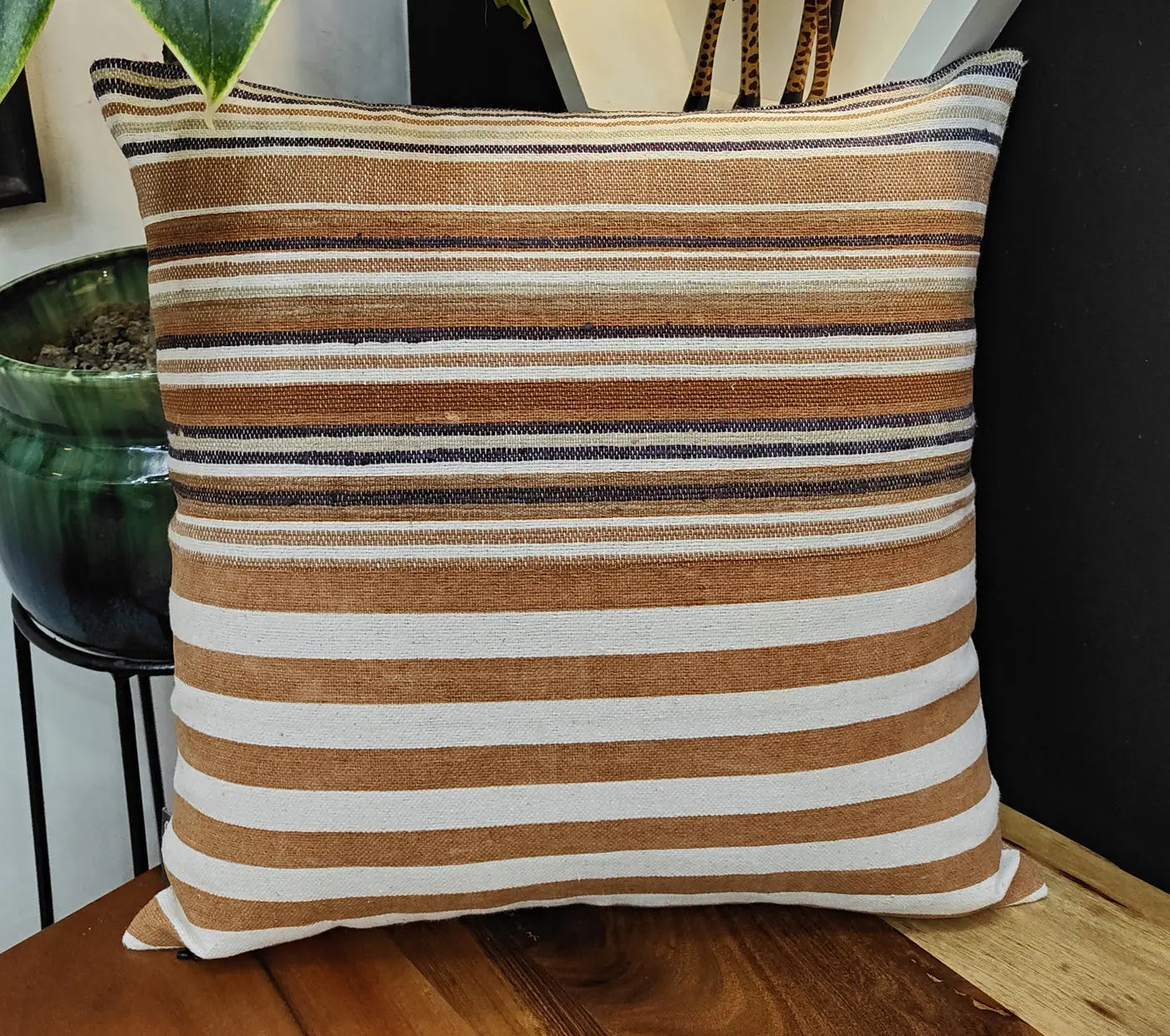 Handloom Woven Rust Striped Cushion Cover Size 45X45Cms House of Omaya