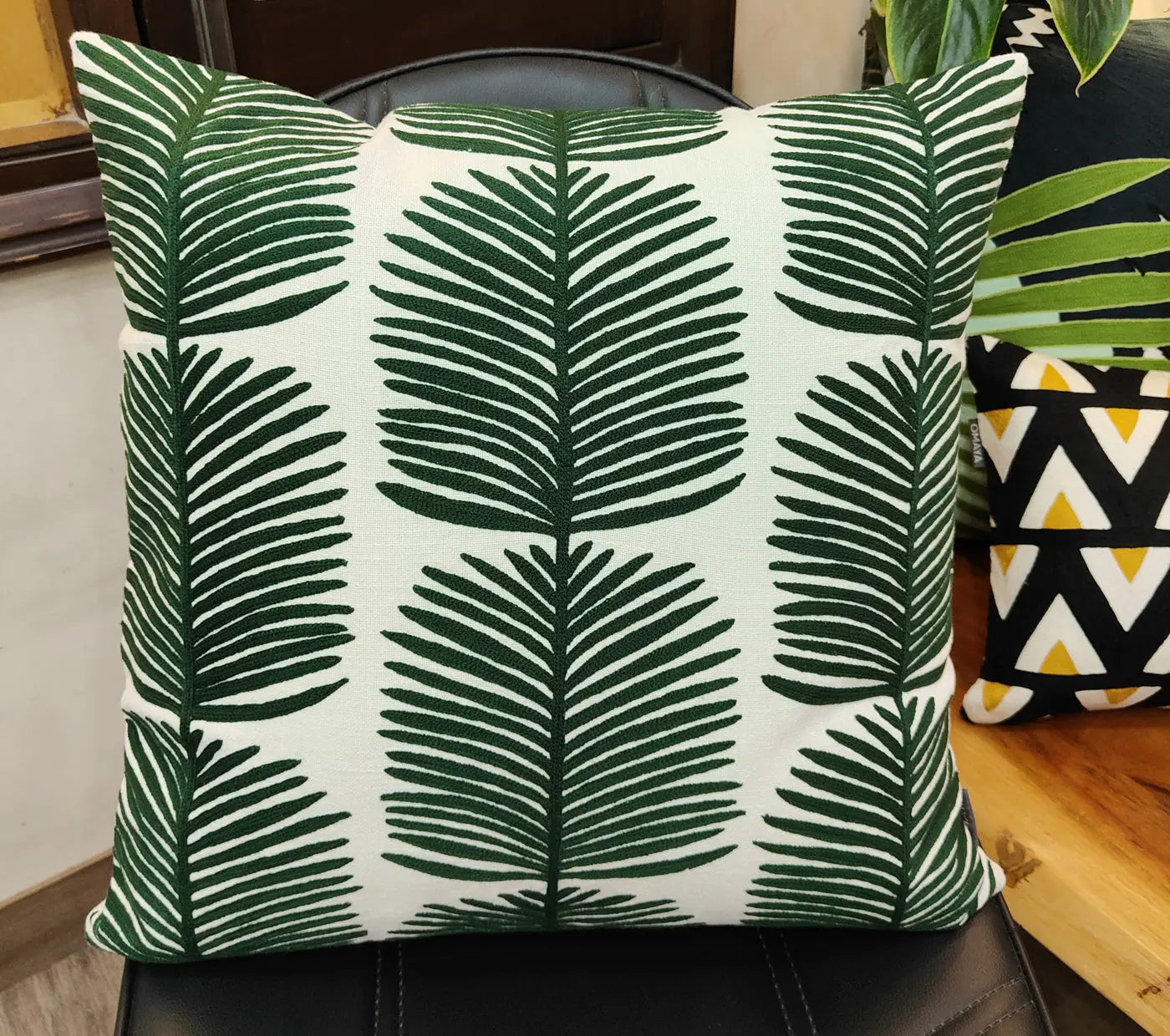 Embroidered Leaves Cotton Cushion Cover Size 50X50Cms House of Omaya