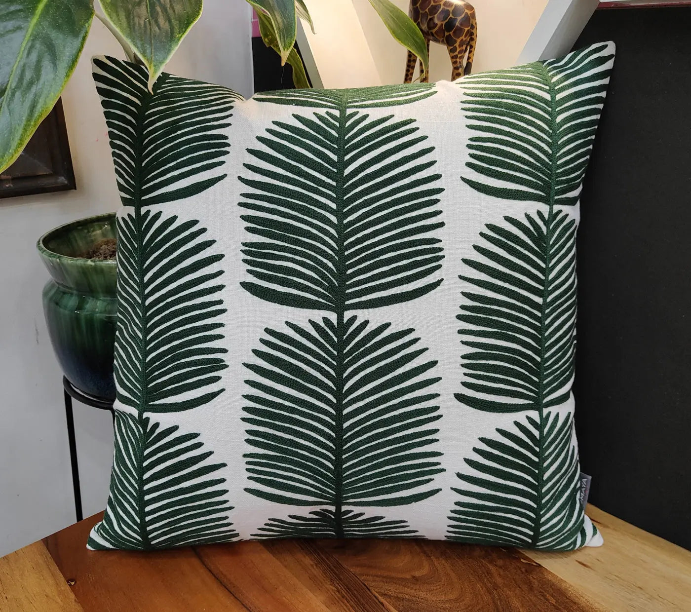 Embroidered Leaves Cotton Cushion Cover Size 50X50Cms House of Omaya