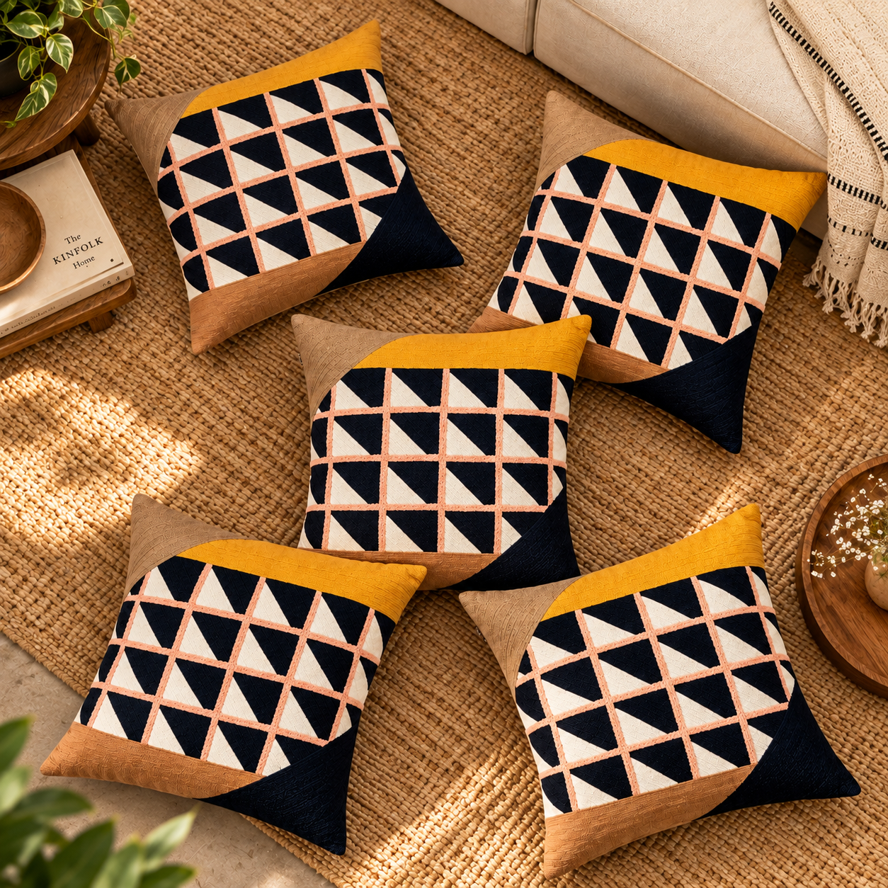 Geo Triangles Embroidered Cushion Cover 50X50Cms
