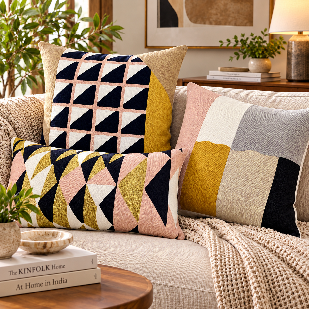 Geo Triangles Embroidered Cushion Cover 50X50Cms