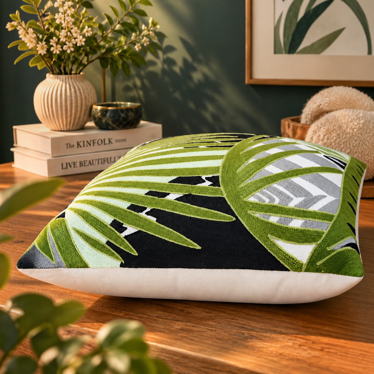 Tropical Leaves Embroidered Cushion Cover 50X50Cms
