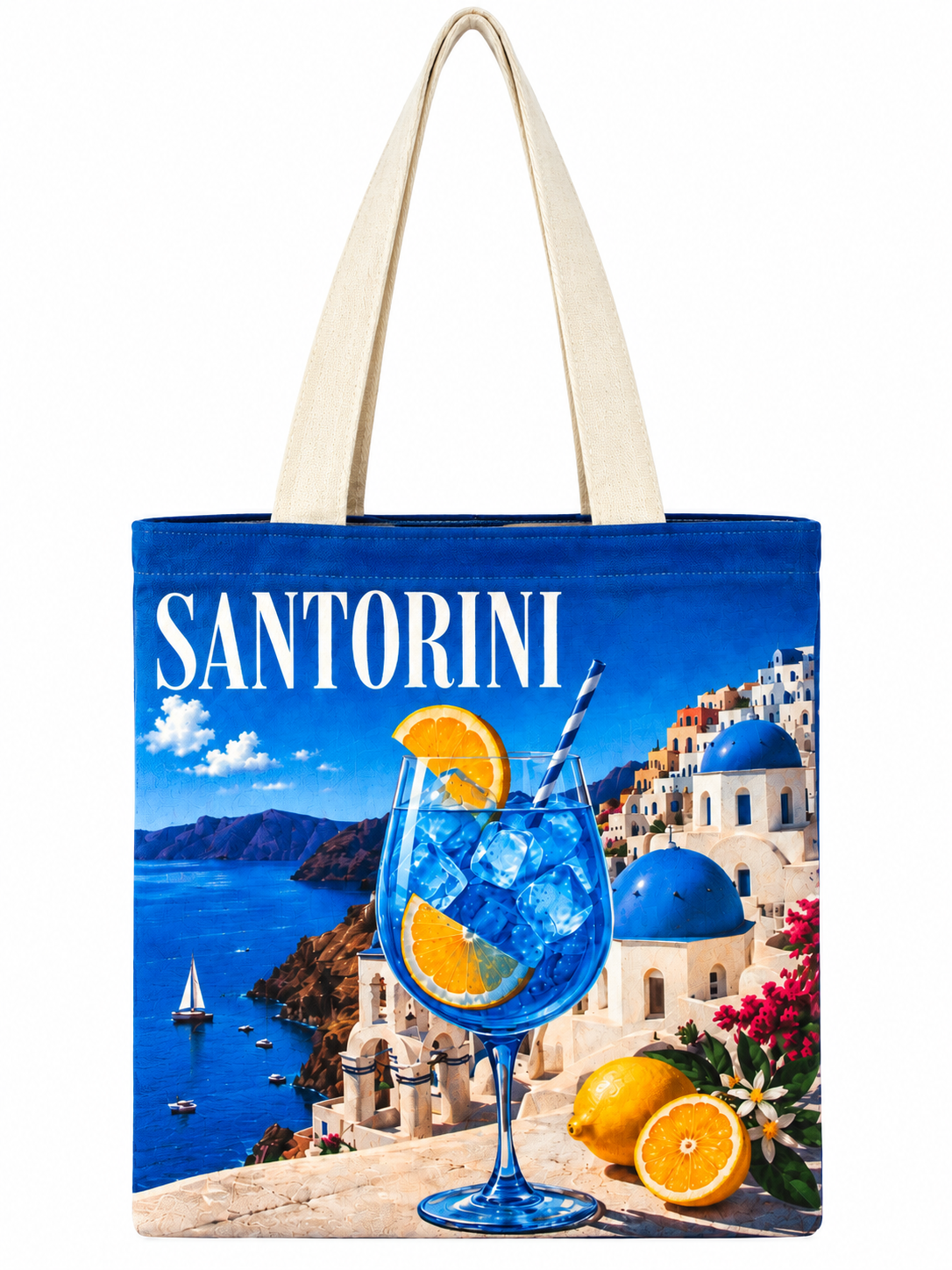 Santorini Blue Coast Printed Cotton Canvas Tote Bag – 36 × 40 cm