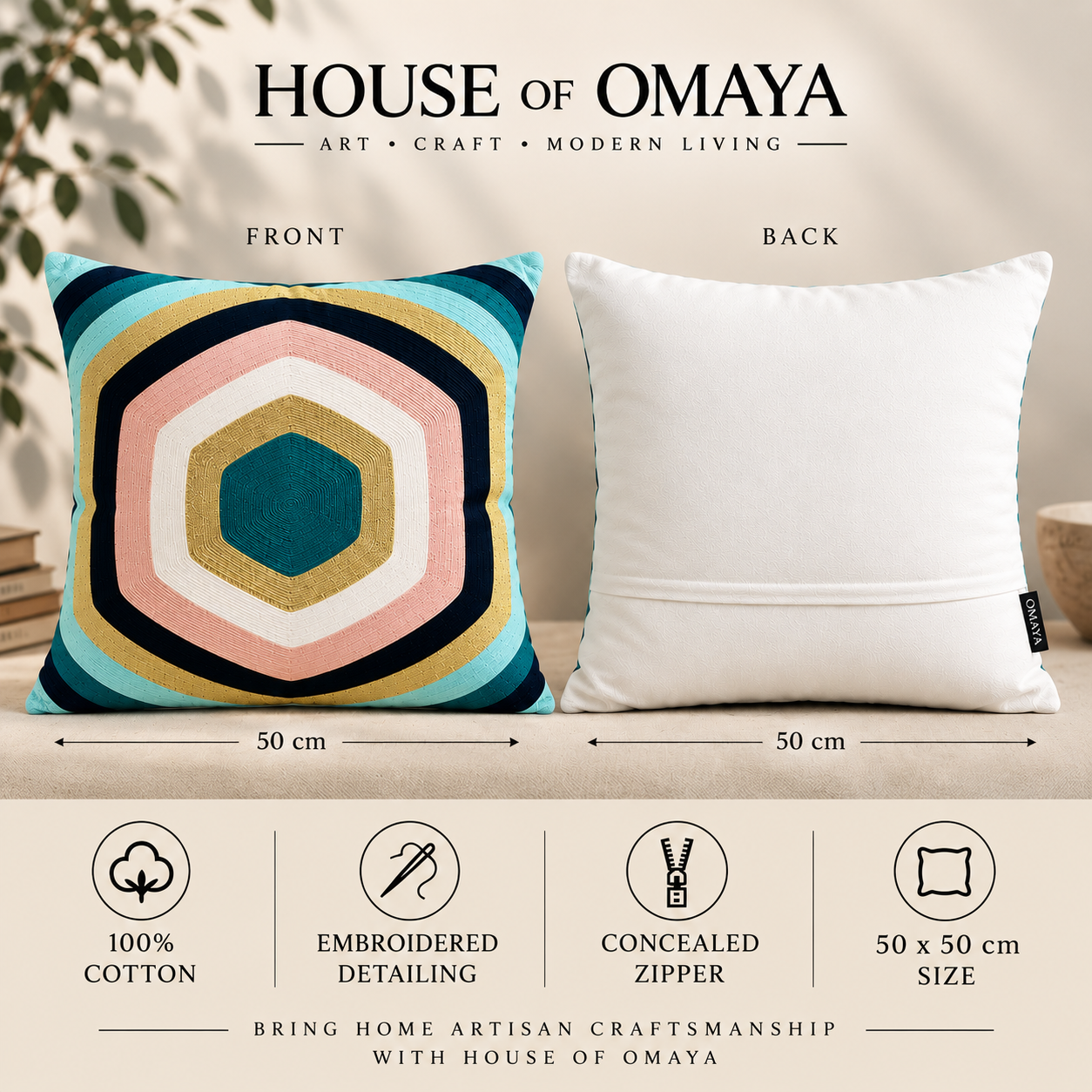 Curved Hexagon Embroidered Cushion Cover Size 50X50Cms