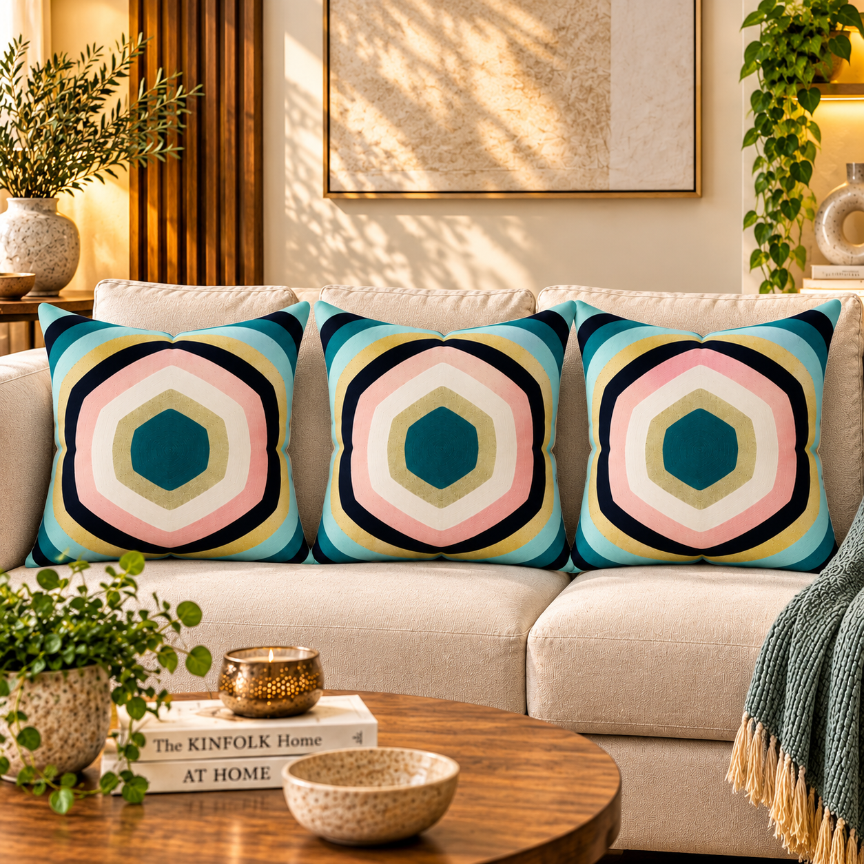Curved Hexagon Embroidered Cushion Cover Size 50X50Cms