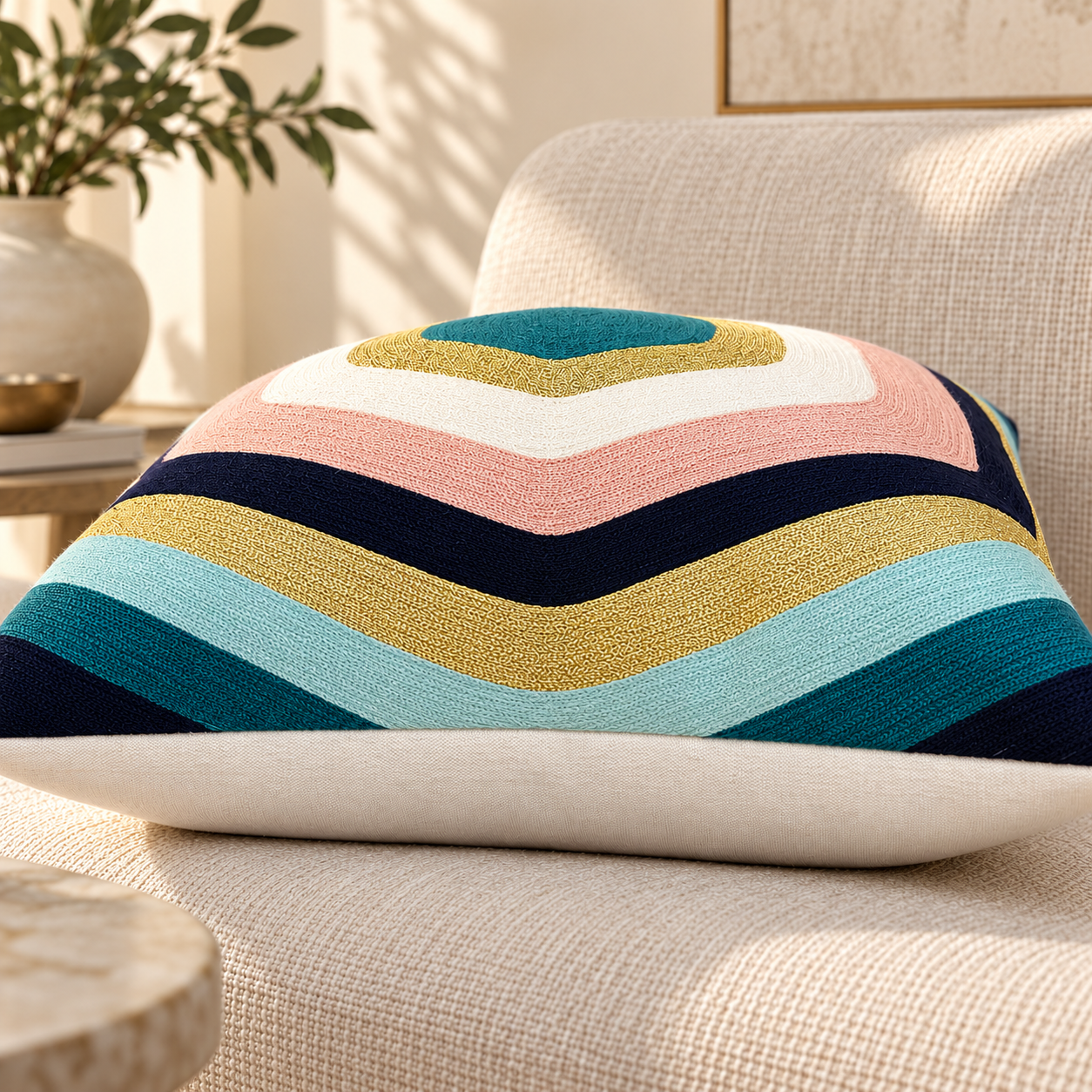 Curved Hexagon Embroidered Cushion Cover Size 50X50Cms