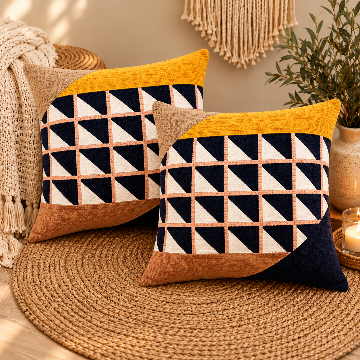 Geo Triangles Embroidered Cushion Cover 50X50Cms