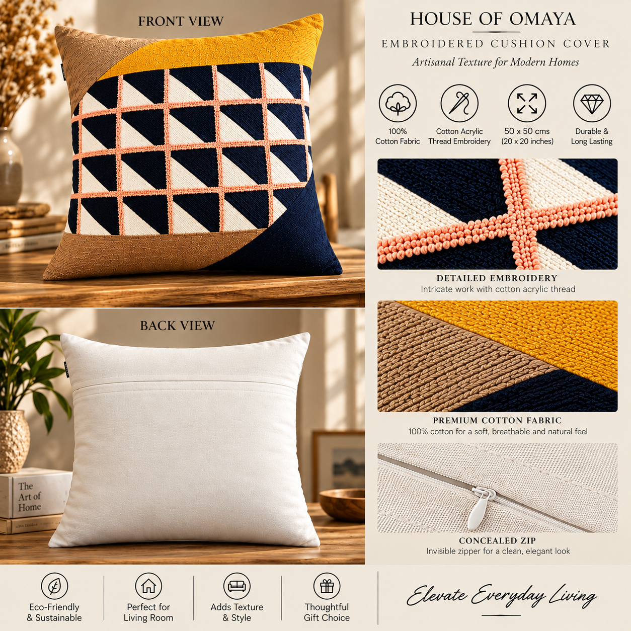 Geo Triangles Embroidered Cushion Cover 50X50Cms