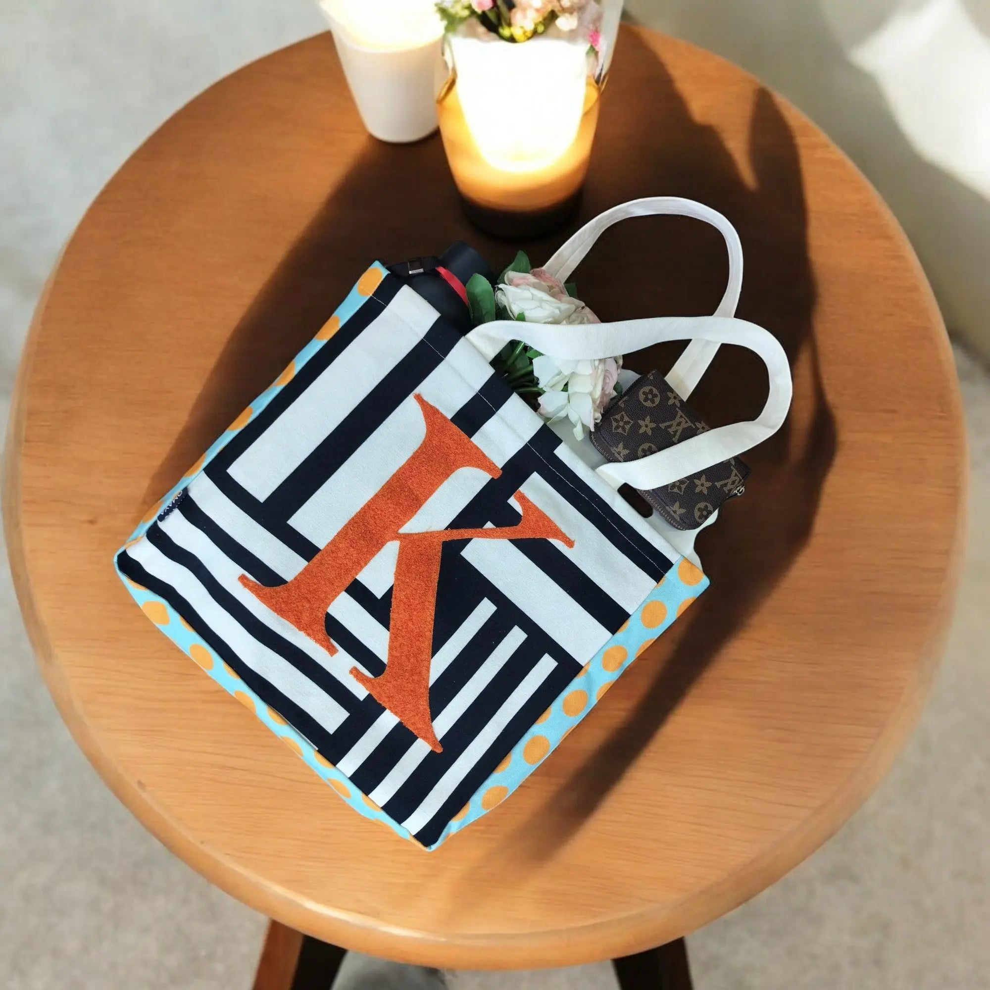 House of Omaya ( K )Alphabet Printed Customizable Embroidery Name Initial Canvas Tote bag 34x36 cm. Personalized tote bag Name Initial tote bag Product vendor