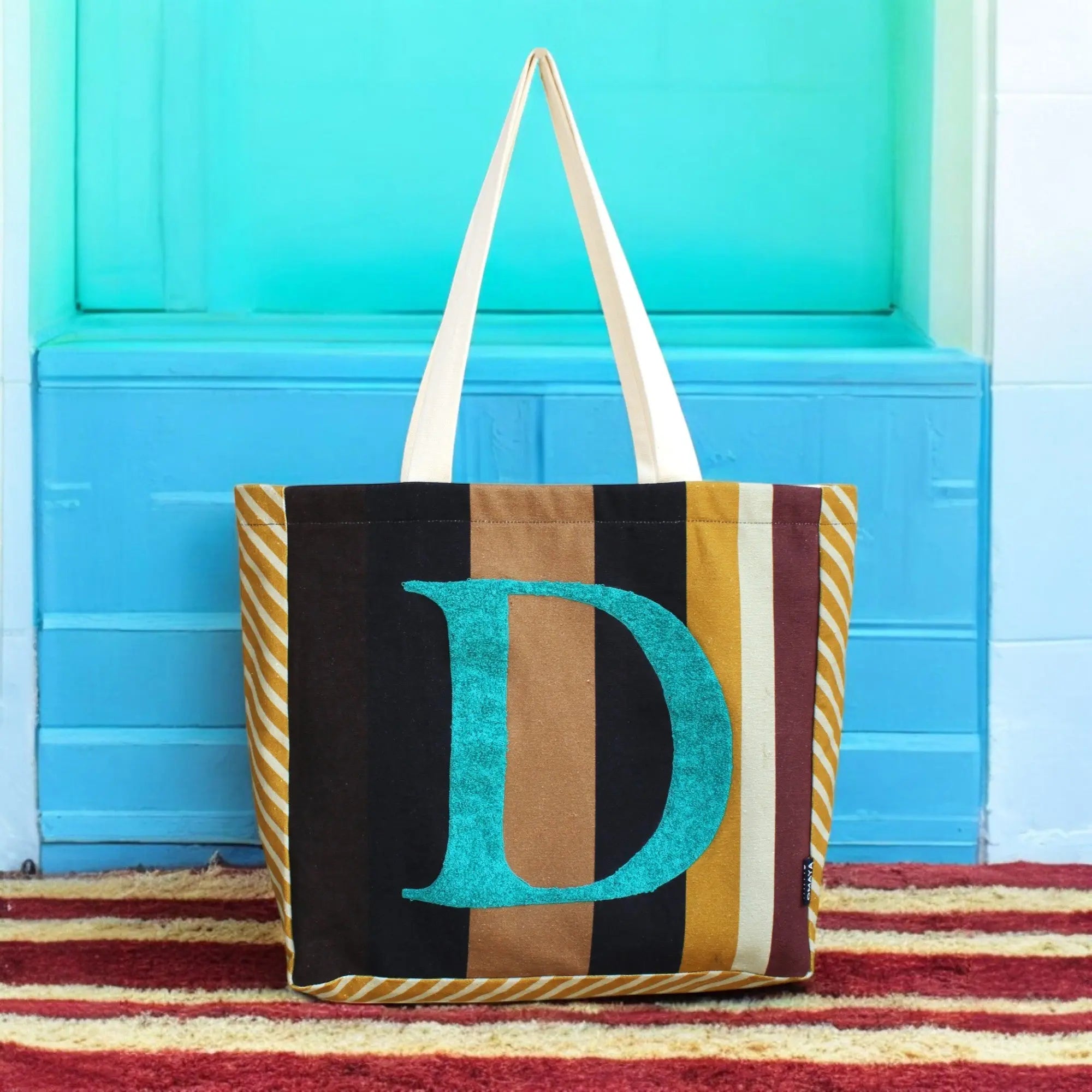 House of Omaya ( D )Alphabet Printed Customizable Embroidery Name Initial Canvas Tote bag 34x36 cm. Personalized tote bag Name Initial tote bag - 